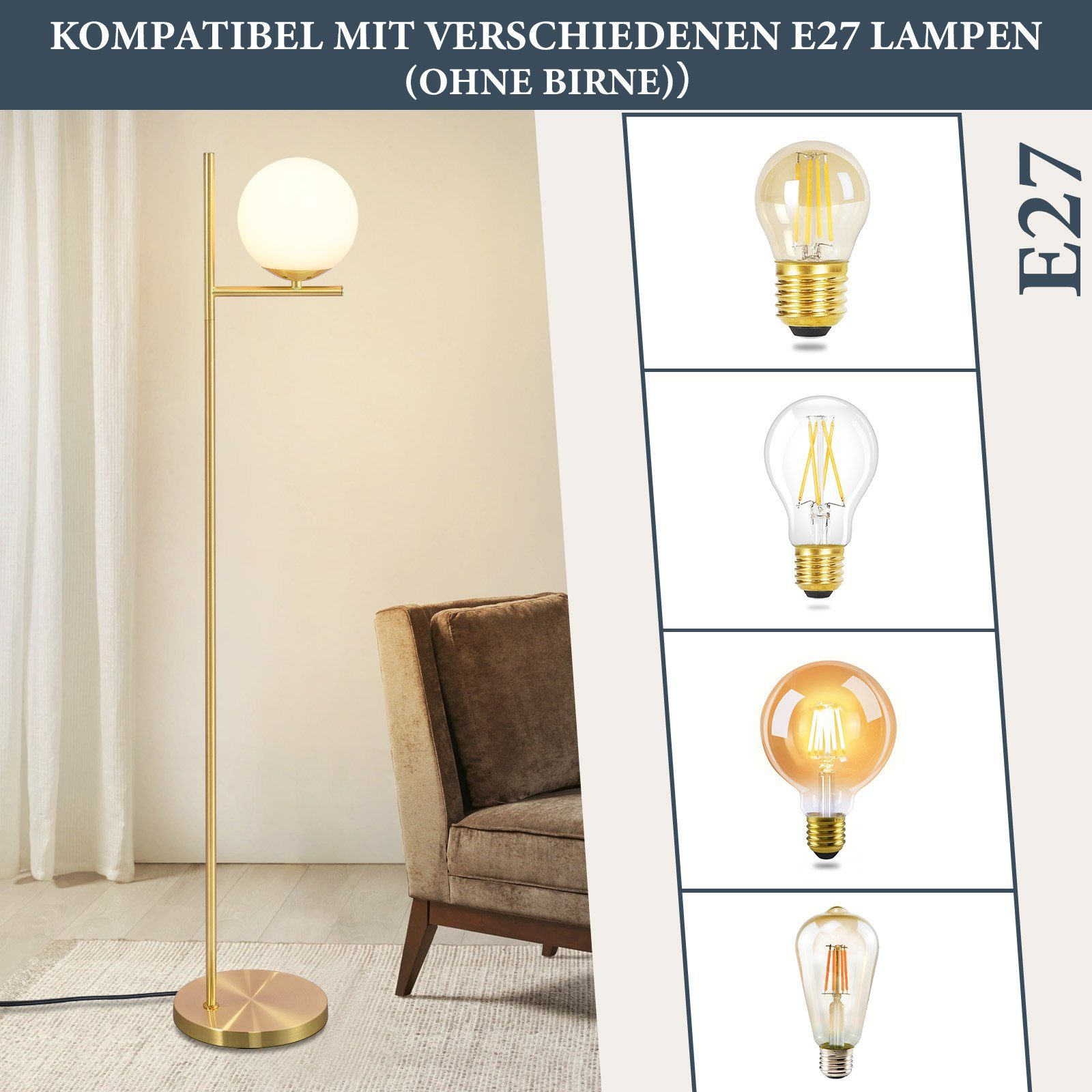 Lampa podłogowa ze złotą podstawą i trzonem, trzymająca białą kulę. Pokazano również różne żarówki E27.