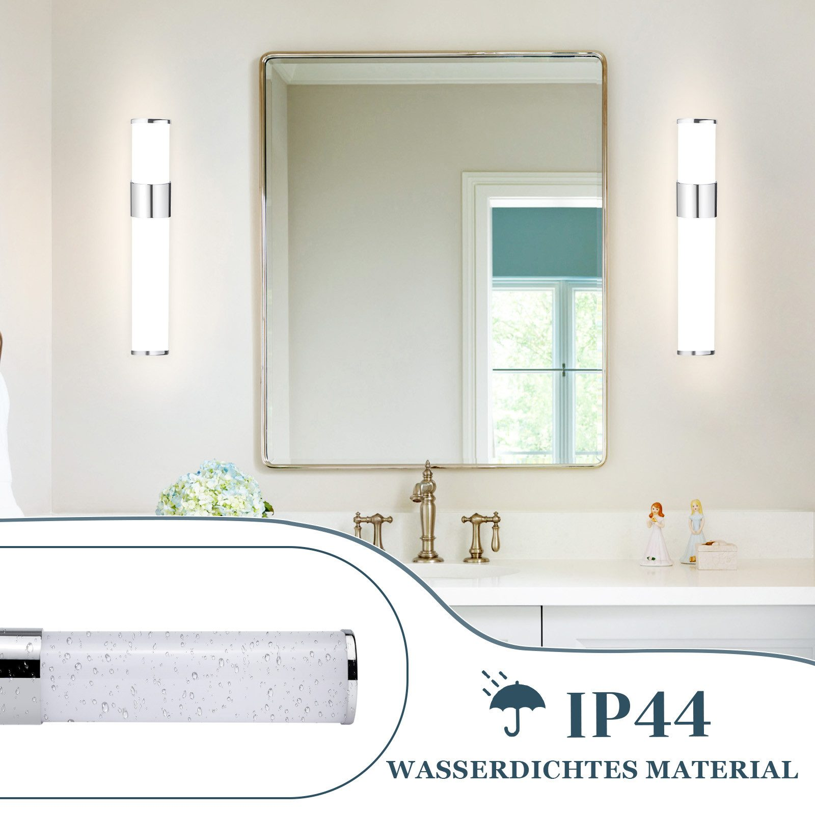 Bagno con specchio, due luci ed etichetta materiale resistente all'acqua.