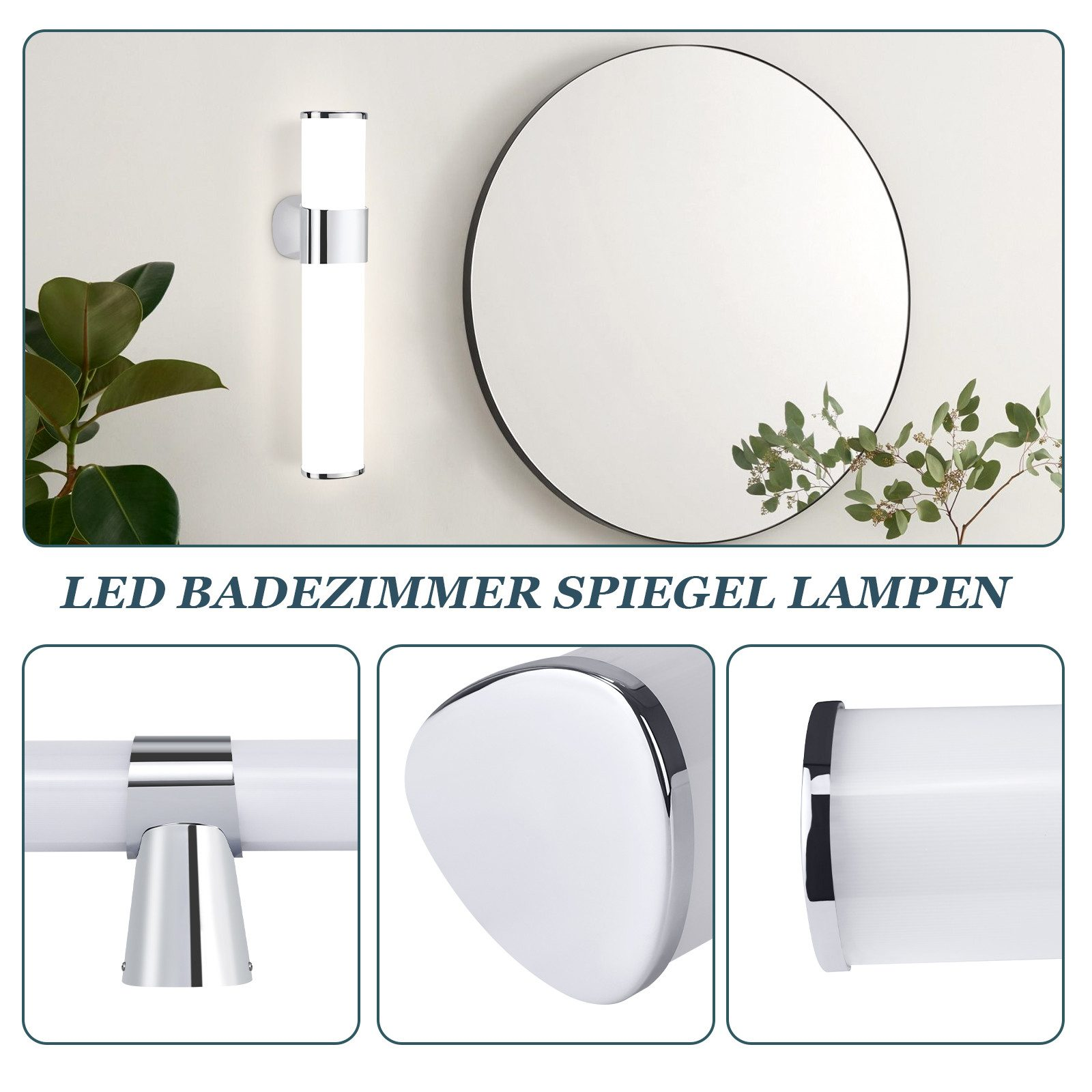 Una lampada a specchio per bagno a LED bianca e i dettagli delle sue parti sono visibili.