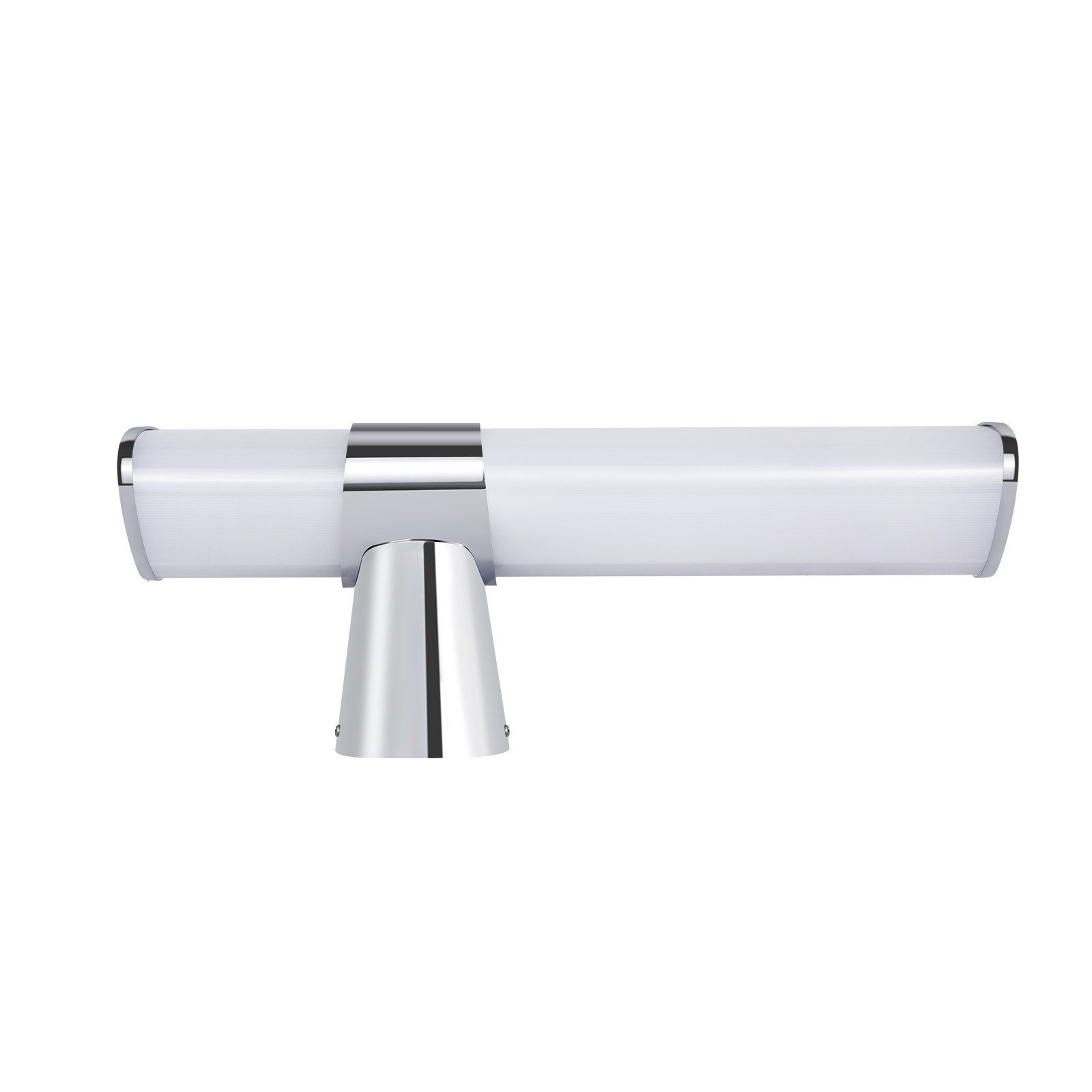 Eine verchromte LED-Leuchte mit rechteckiger Form und gebogenem Sockel, an der Wand montiert.