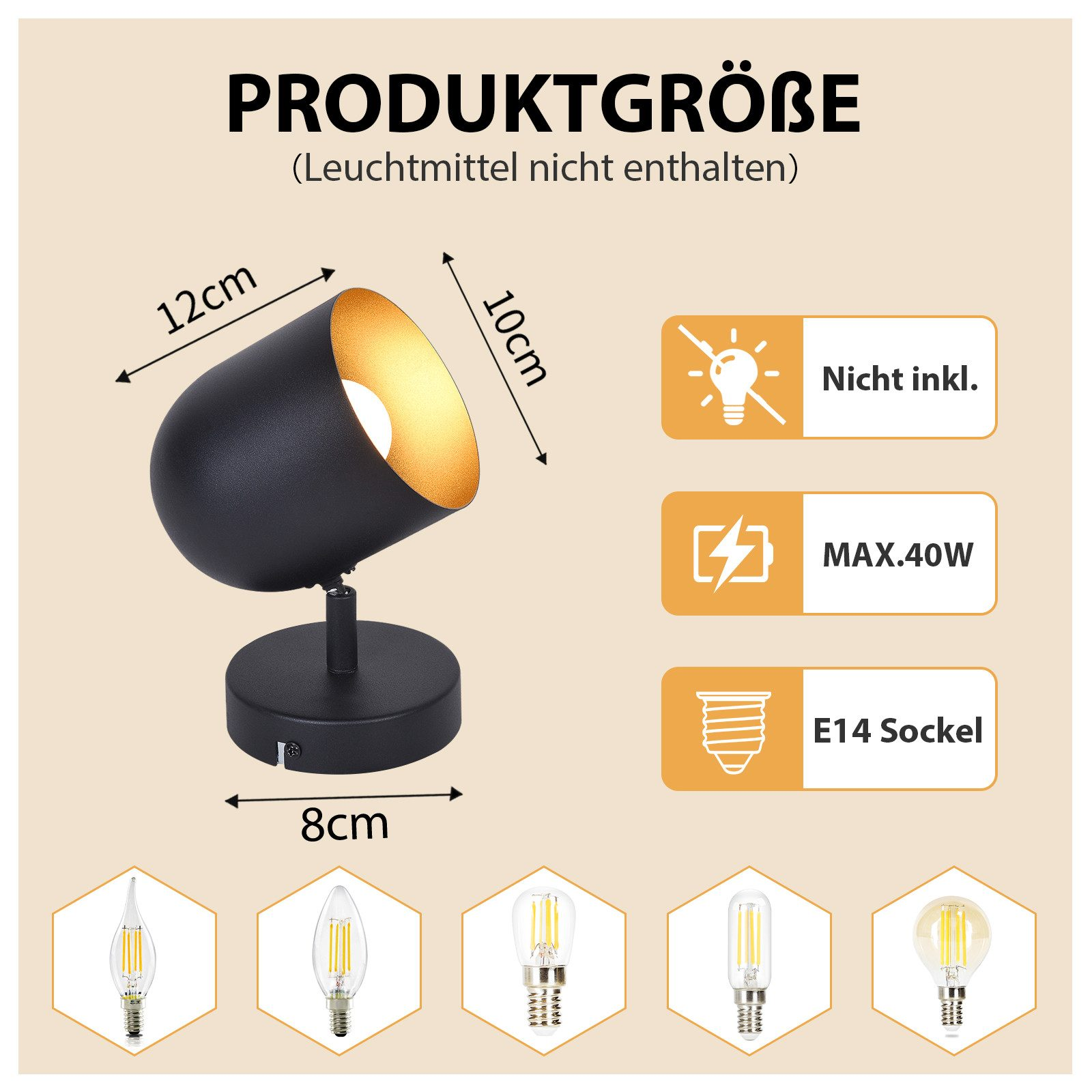 Faretto nero con interno dorato. È alto 12 cm, largo 10 cm e ha un diametro di 8 cm. Include il tipo di lampadina.