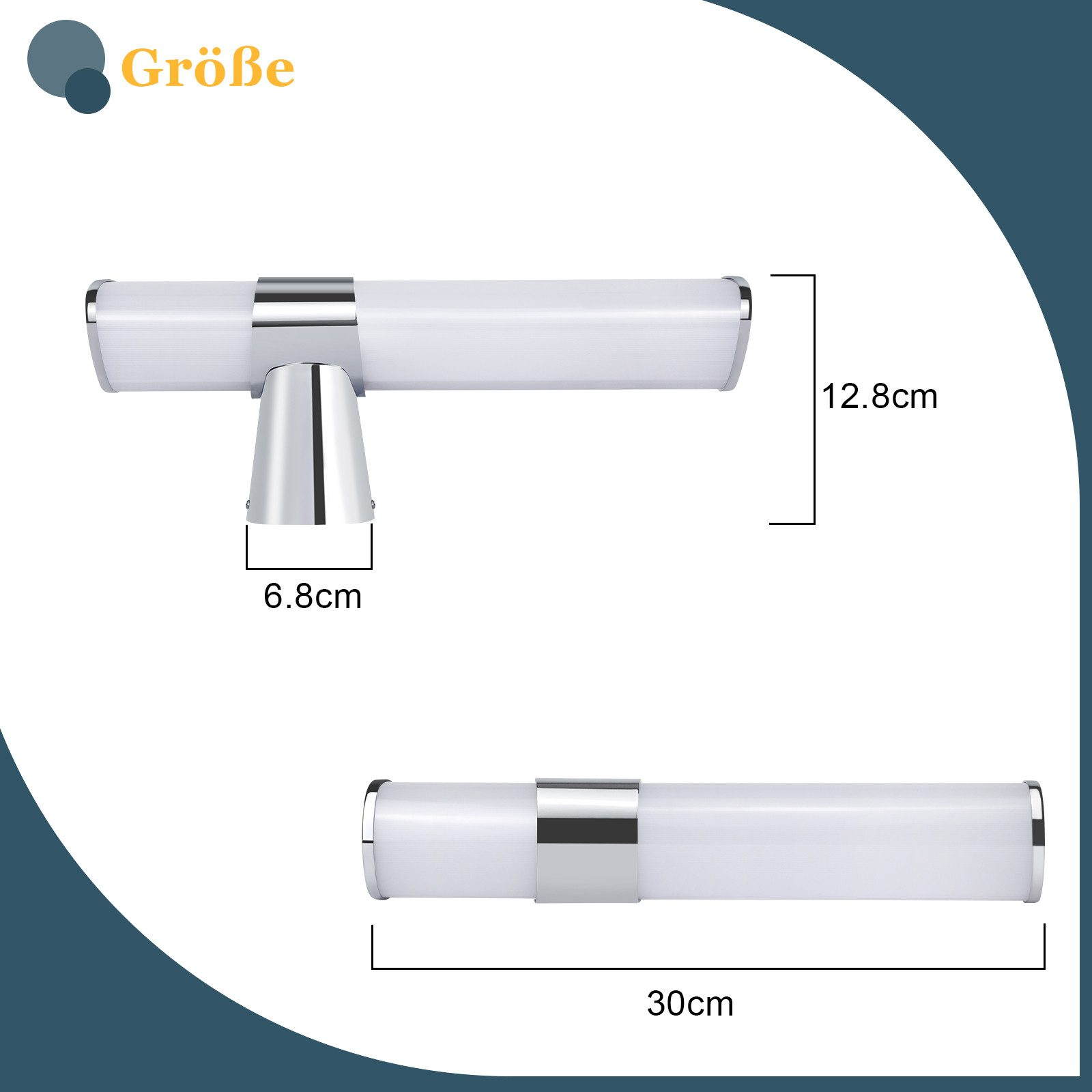 Un apparecchio di illuminazione per bagno bianco con dimensioni: 30 cm di lunghezza, 12,8 cm di altezza e un supporto di 6,8 cm.