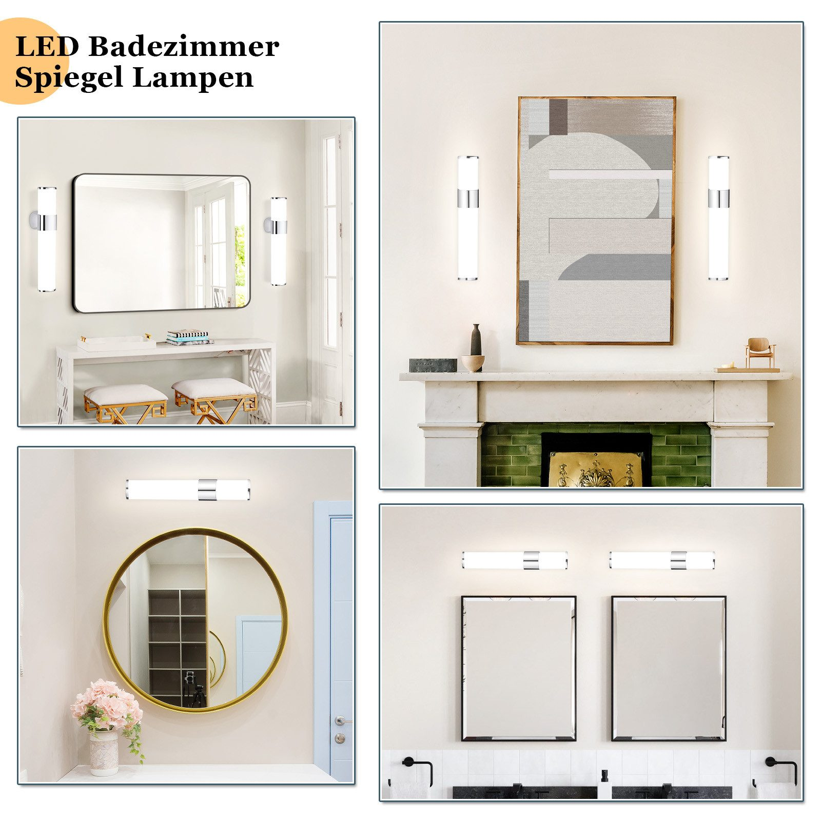 Quattro immagini che mostrano lampade a specchio per il bagno a LED in vari ambienti bagno moderni.