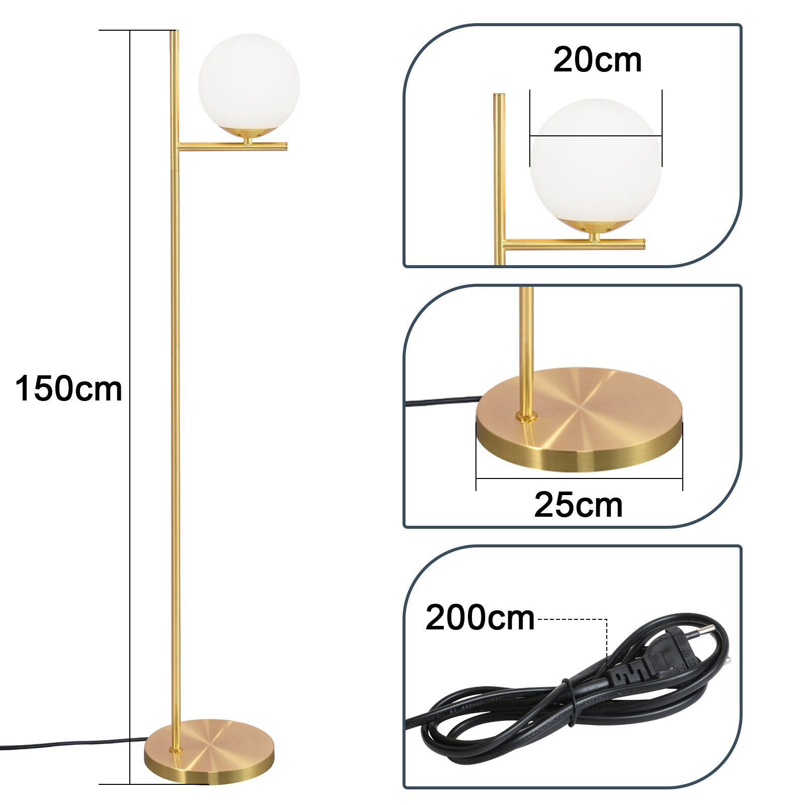 Lampada da terra dorata con paralume a globo. Dimensioni: 150cm altezza, 25cm base, 200cm cavo.