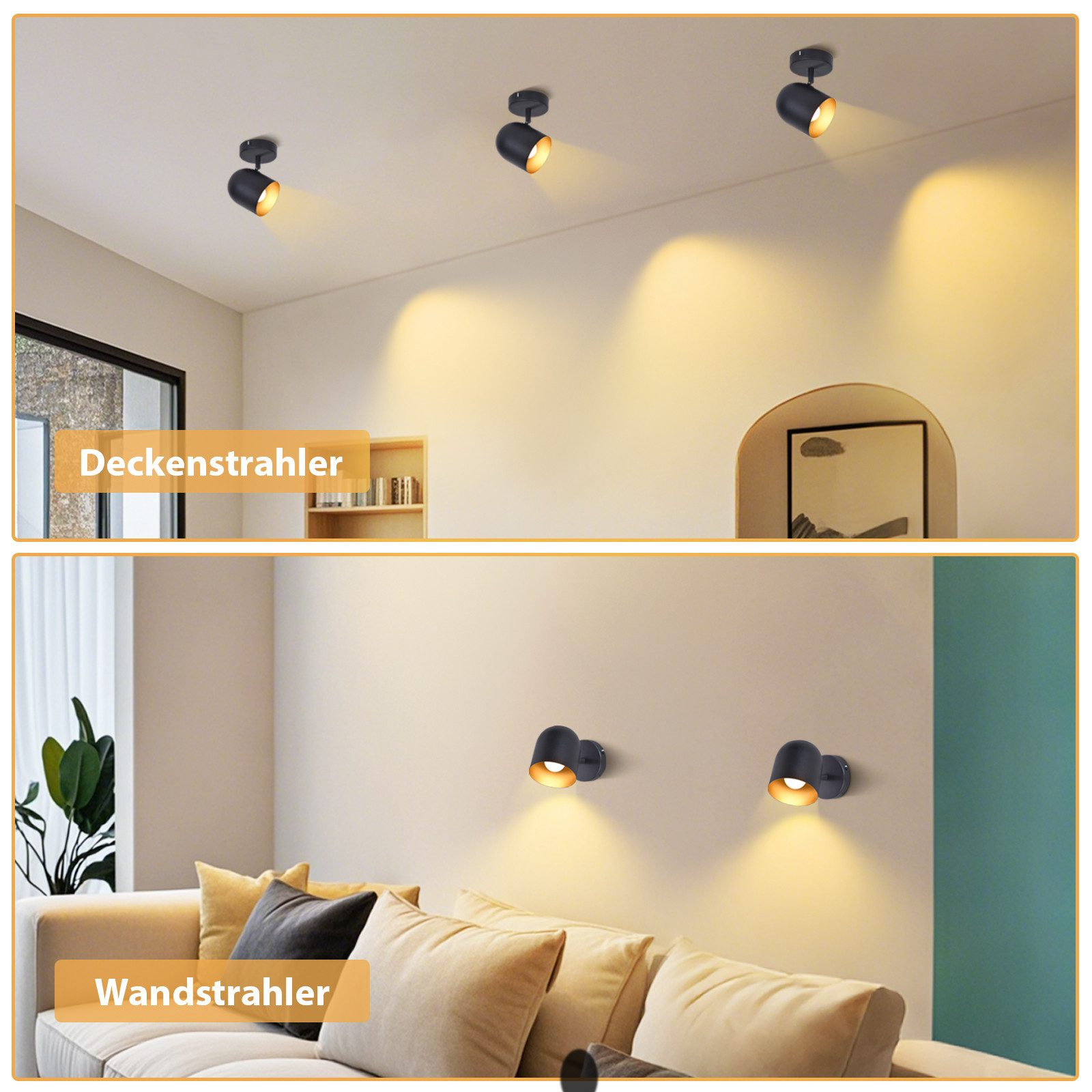 Immagini di faretti da soffitto e da parete neri in un ambiente con luce gialla.