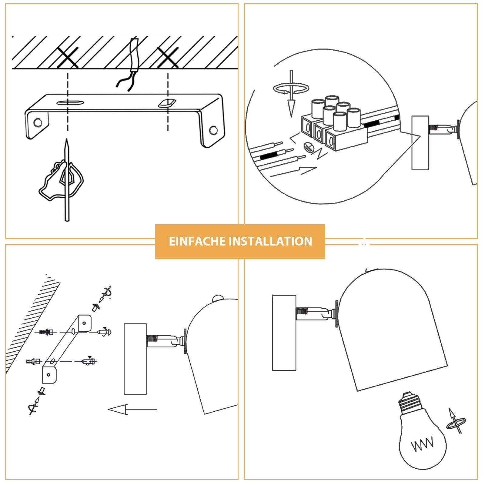 Istruzioni passo-passo per montare una lampada a parete o a soffitto, con disegni a tratto.