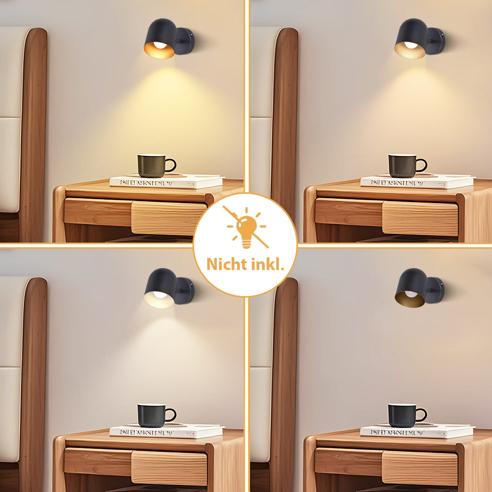 Quattro immagini mostrano una lampada da parete nera con diversi effetti di luce. Una tazza di caffè e un libro sul tavolo.