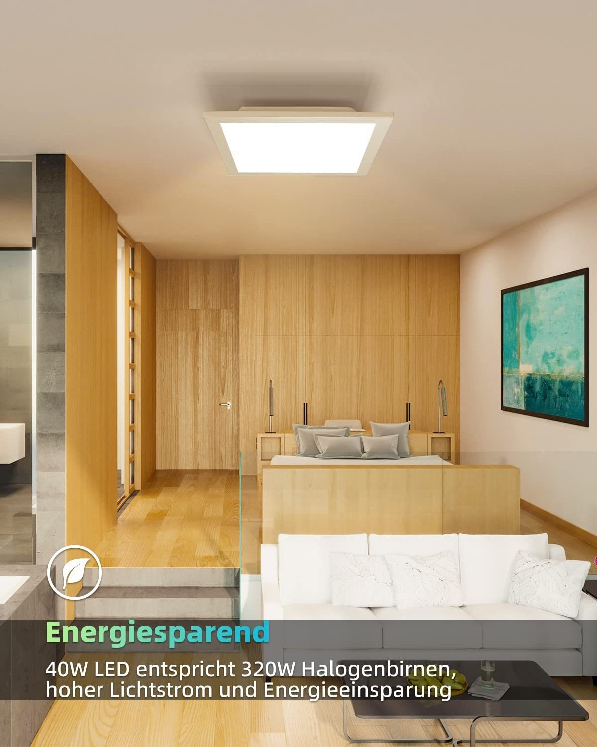 Un interno moderno con una lampada da soffitto bianca, pannelli in legno, un divano bianco e una pianta verde con testo.