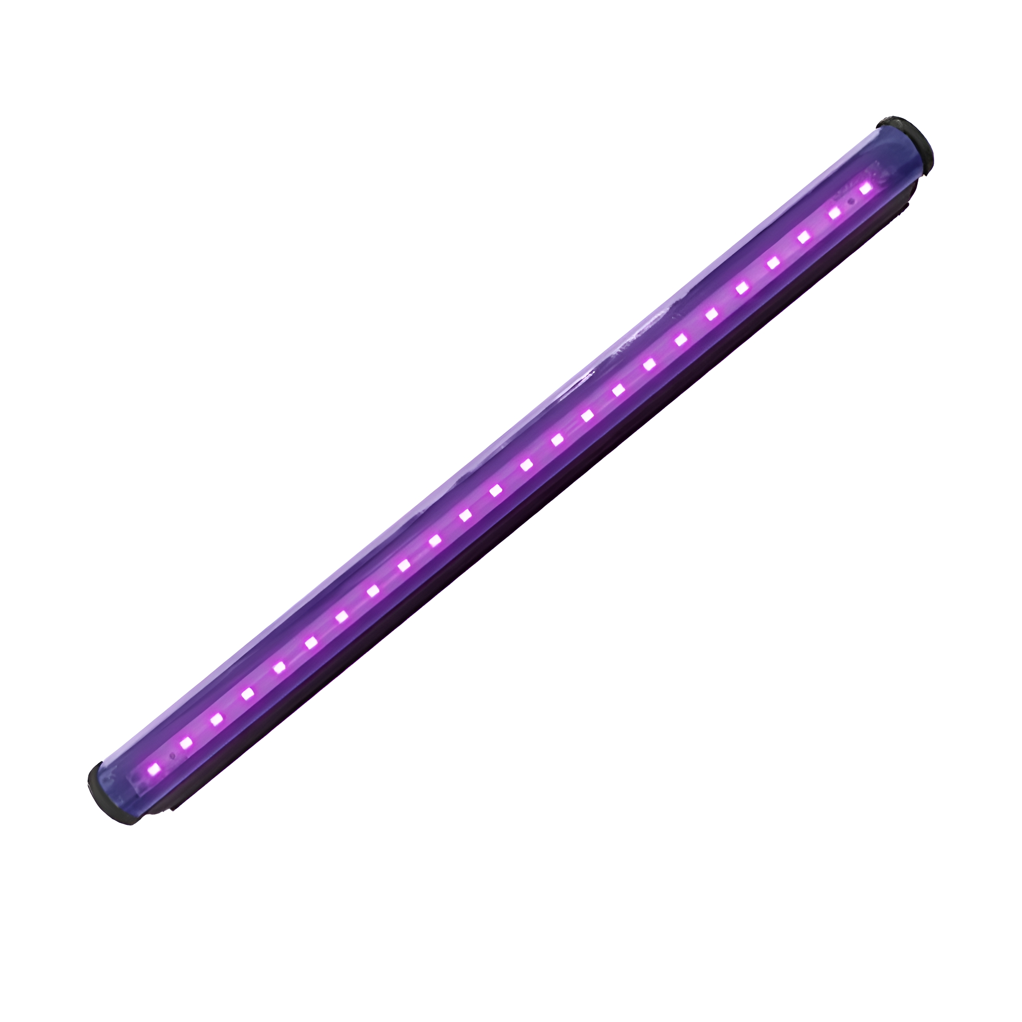 Langer, violetter LED-Lichtbalken. Er ist an den Enden schwarz.