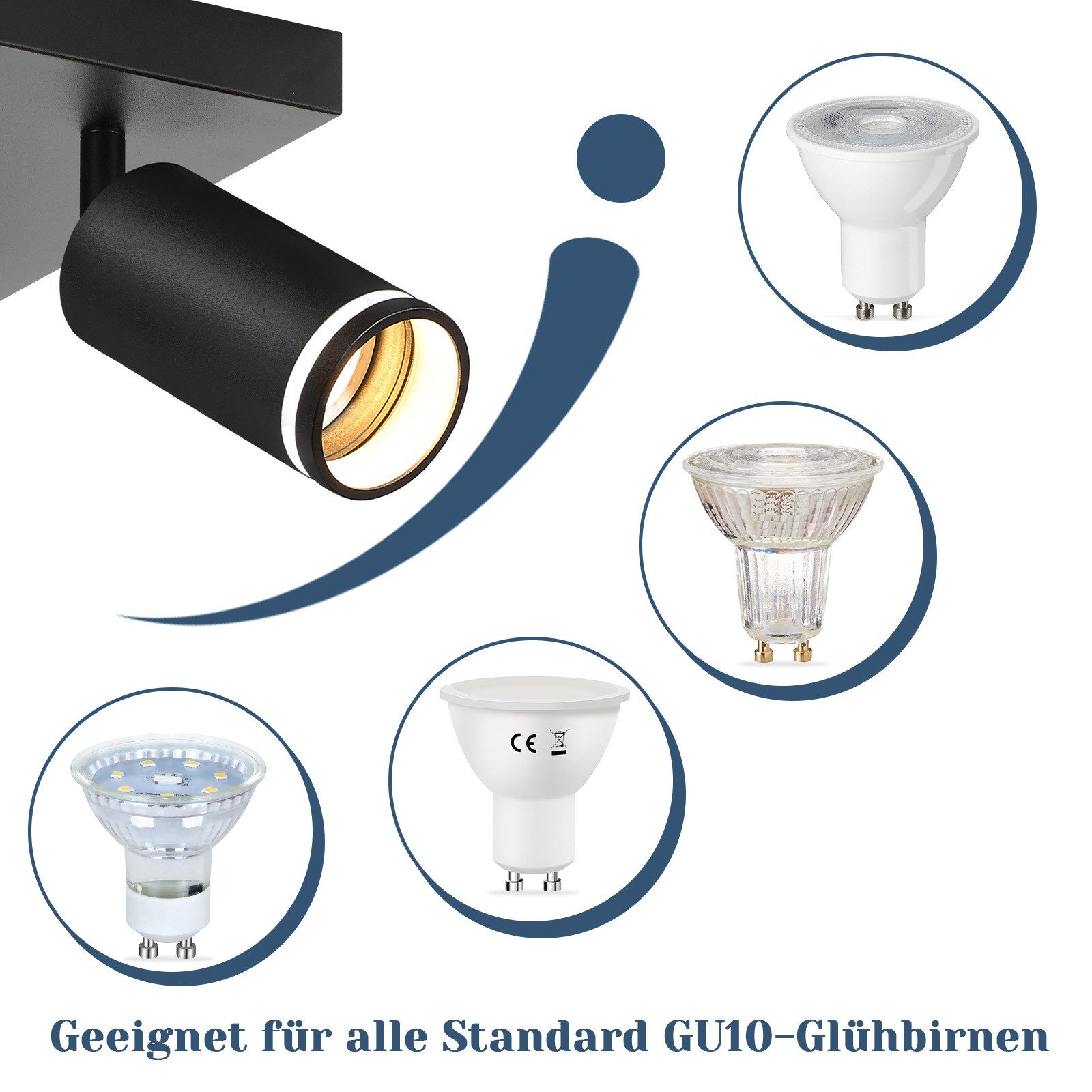 Faretto nero con lampadine GU10. Vari tipi di lampadine GU10 sono mostrati nell'immagine.