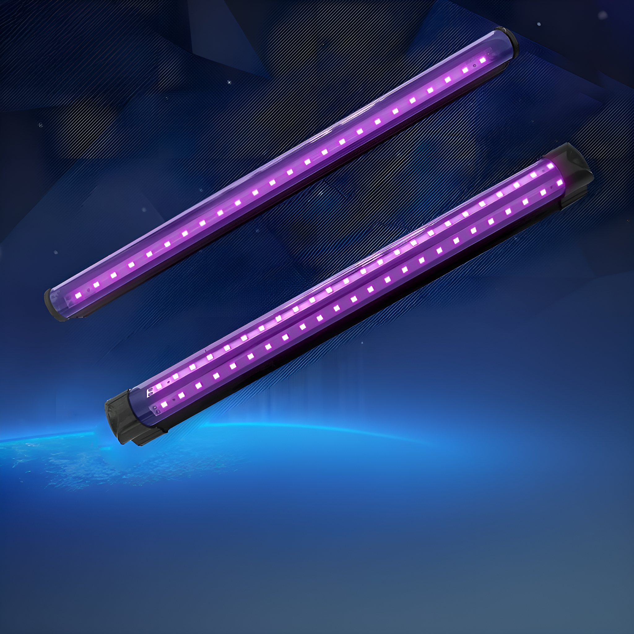 Zwei violette Leuchtröhren. Sie haben eine Reihe kleiner weißer Lichter im Inneren. Blauer und dunkler Hintergrund.