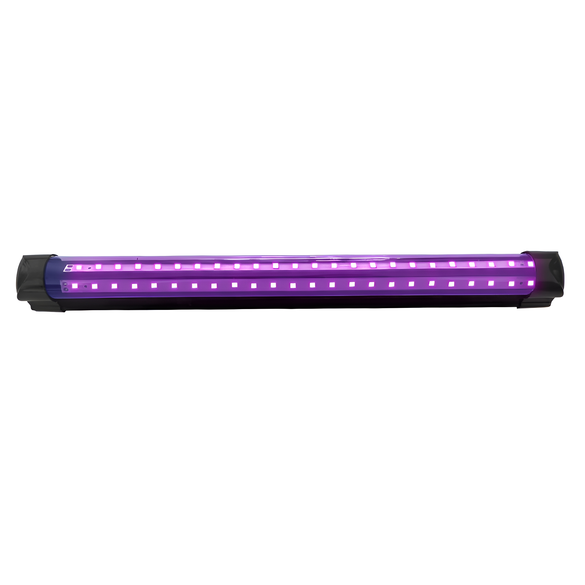 Ein langer, violetter LED-Lichtbalken. Das Licht ist an und gibt einen violetten Schein ab.
