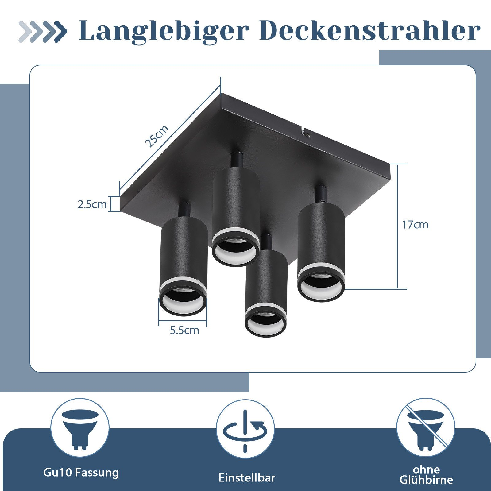 Una lampada da soffitto nera con quattro faretti, dimensioni e un diagramma delle funzioni.