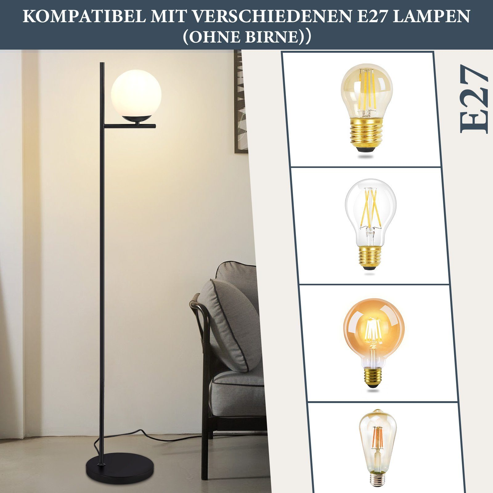 Una lampada da terra nera con un paralume a globo bianco. Si trova vicino a un divano e ad altri apparecchi di illuminazione.