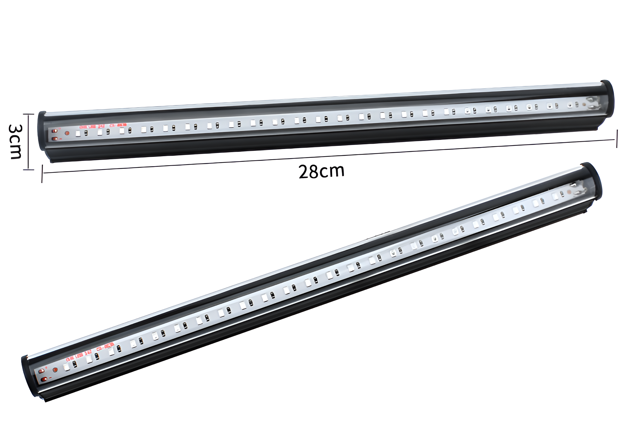 Zwei LED-Lichtleisten, silber mit weißen Lichtern, 28 cm lang.