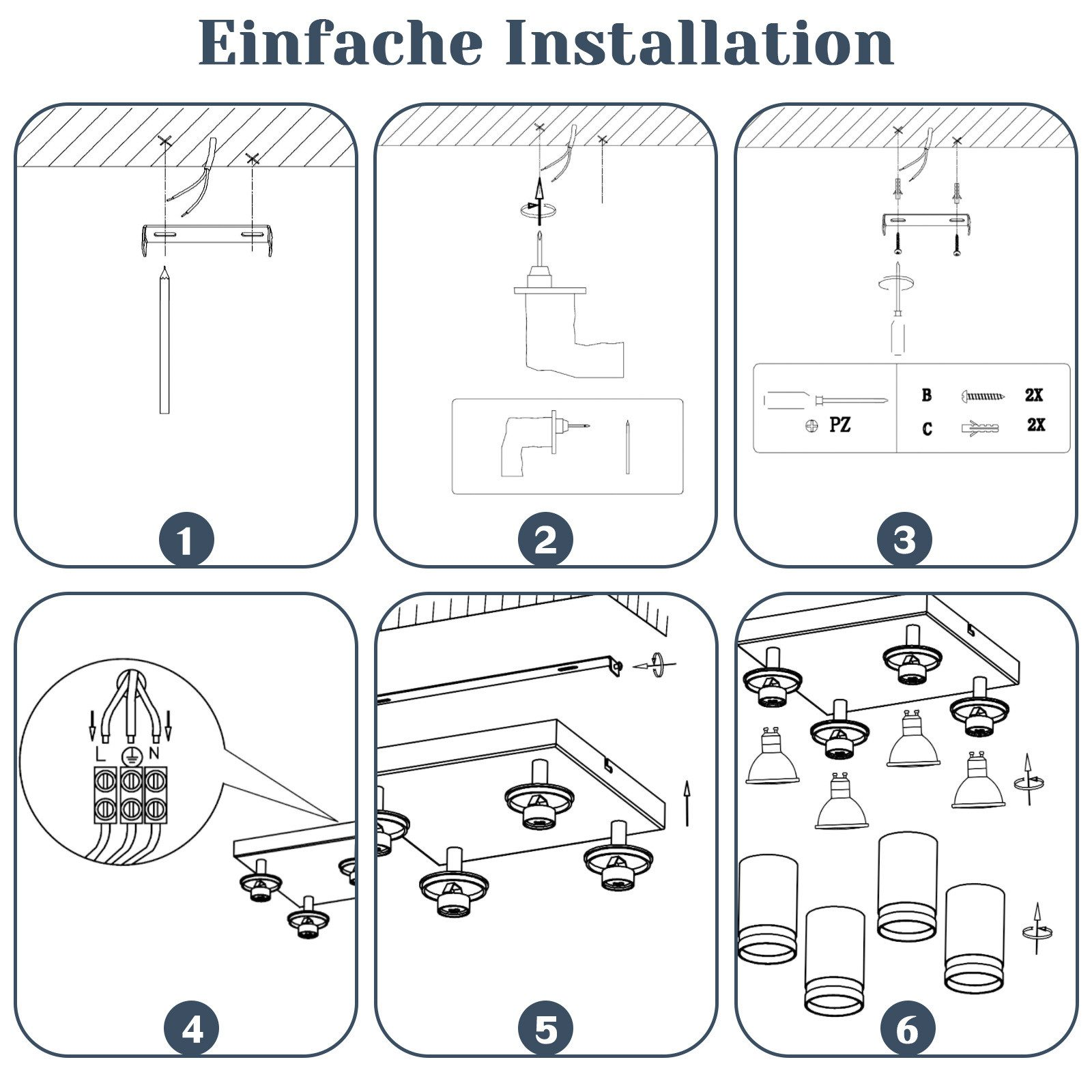 Diagramma di istruzioni in sei passaggi per l'installazione di una plafoniera. Mostra i passaggi con strumenti e componenti.