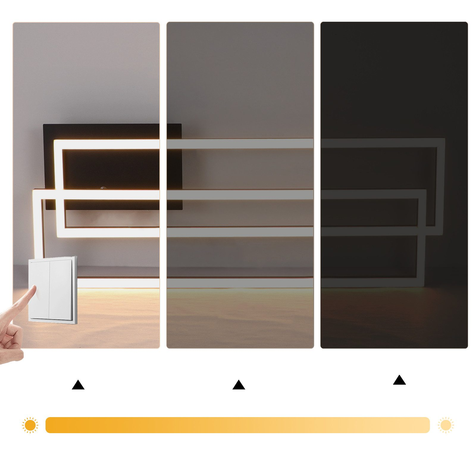 Tre scene che mostrano la regolazione della luminosità di una lampada da soffitto. Da bassa ad alta luminosità.