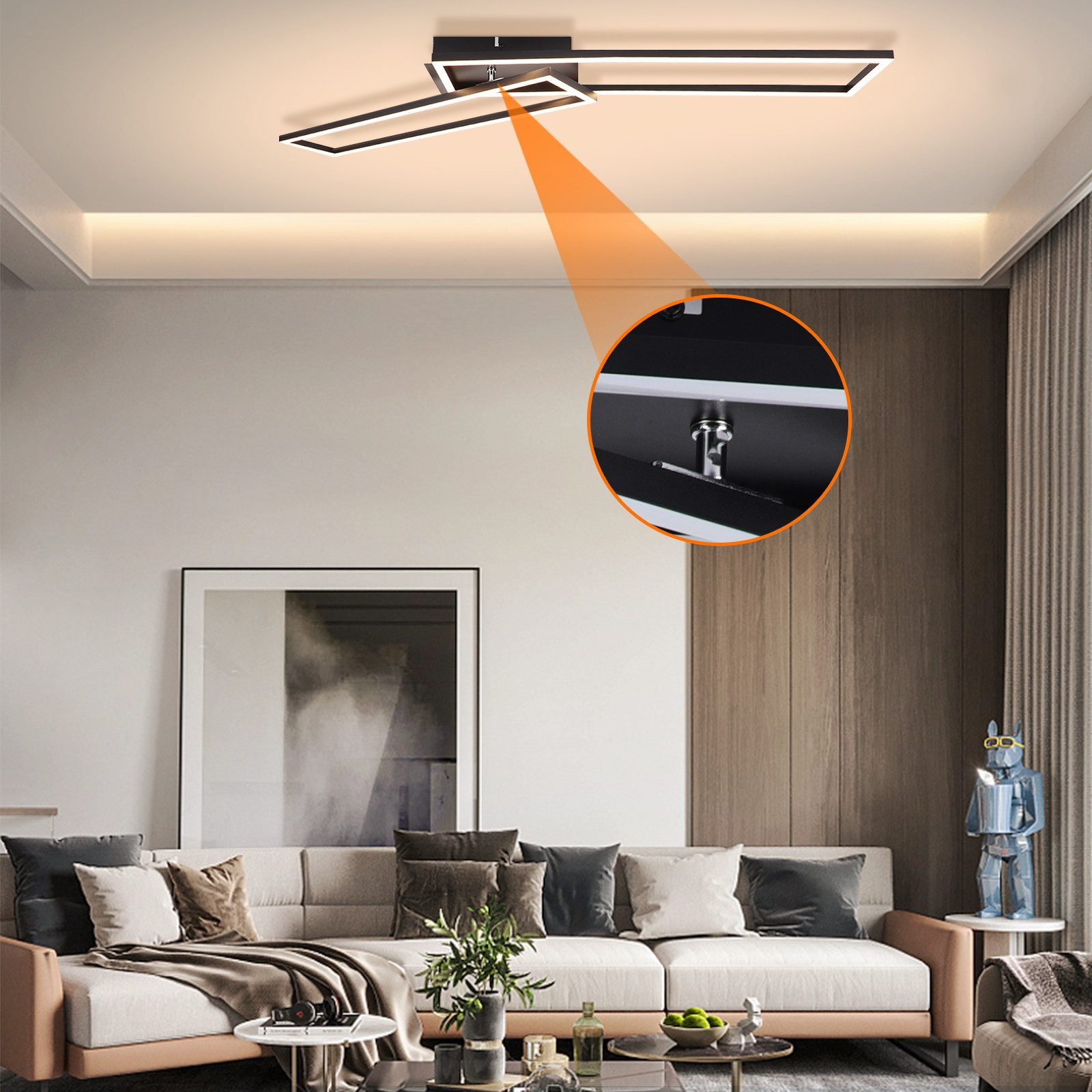 Apparecchio di illuminazione a soffitto moderno. Viene mostrato un primo piano del collegamento dell'apparecchio al soffitto.