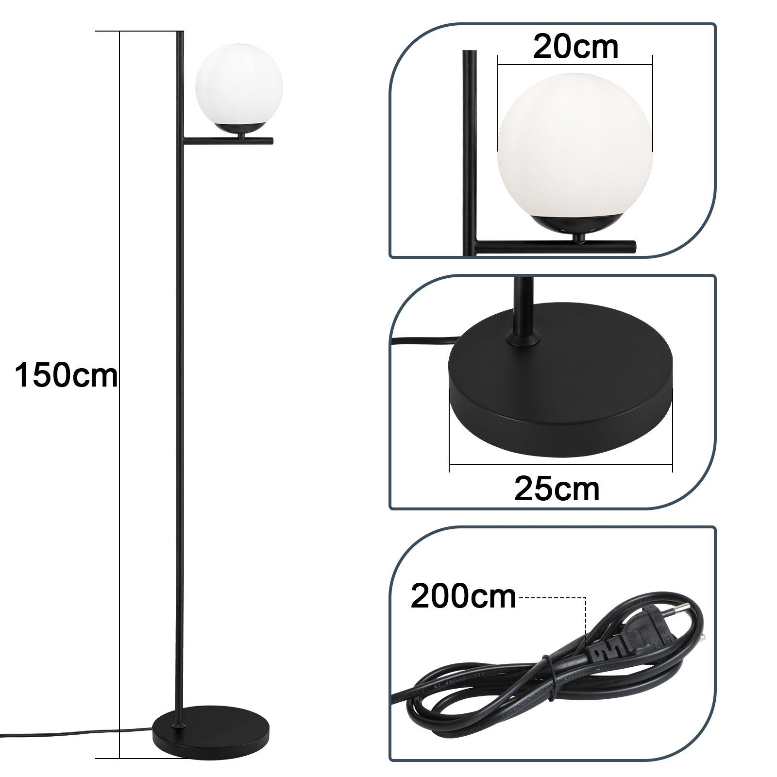 Una lampada da terra nera con paralume a globo bianco e base nera, un cavo elettrico nero.