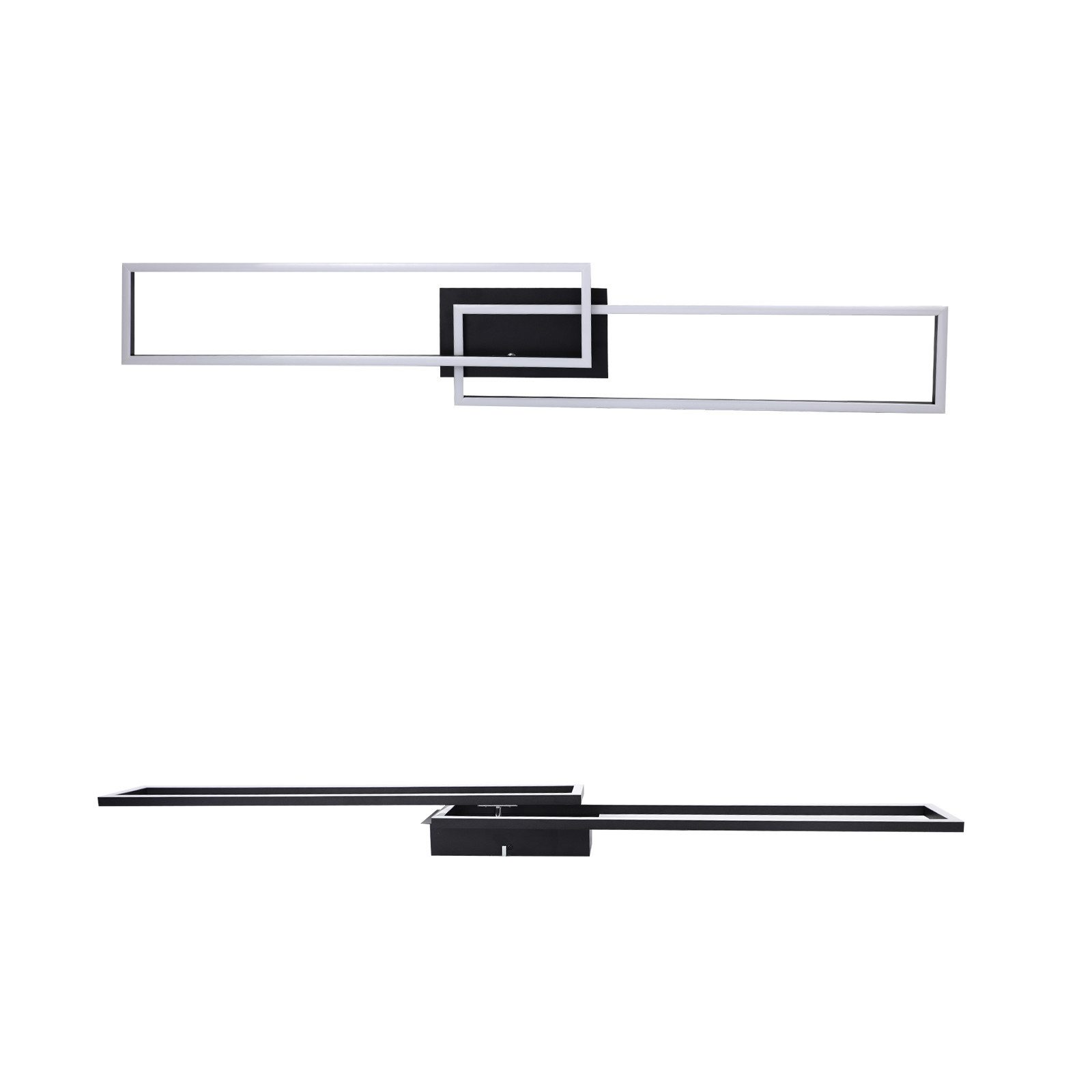Due moderni apparecchi di illuminazione rettangolari con design argento e nero.