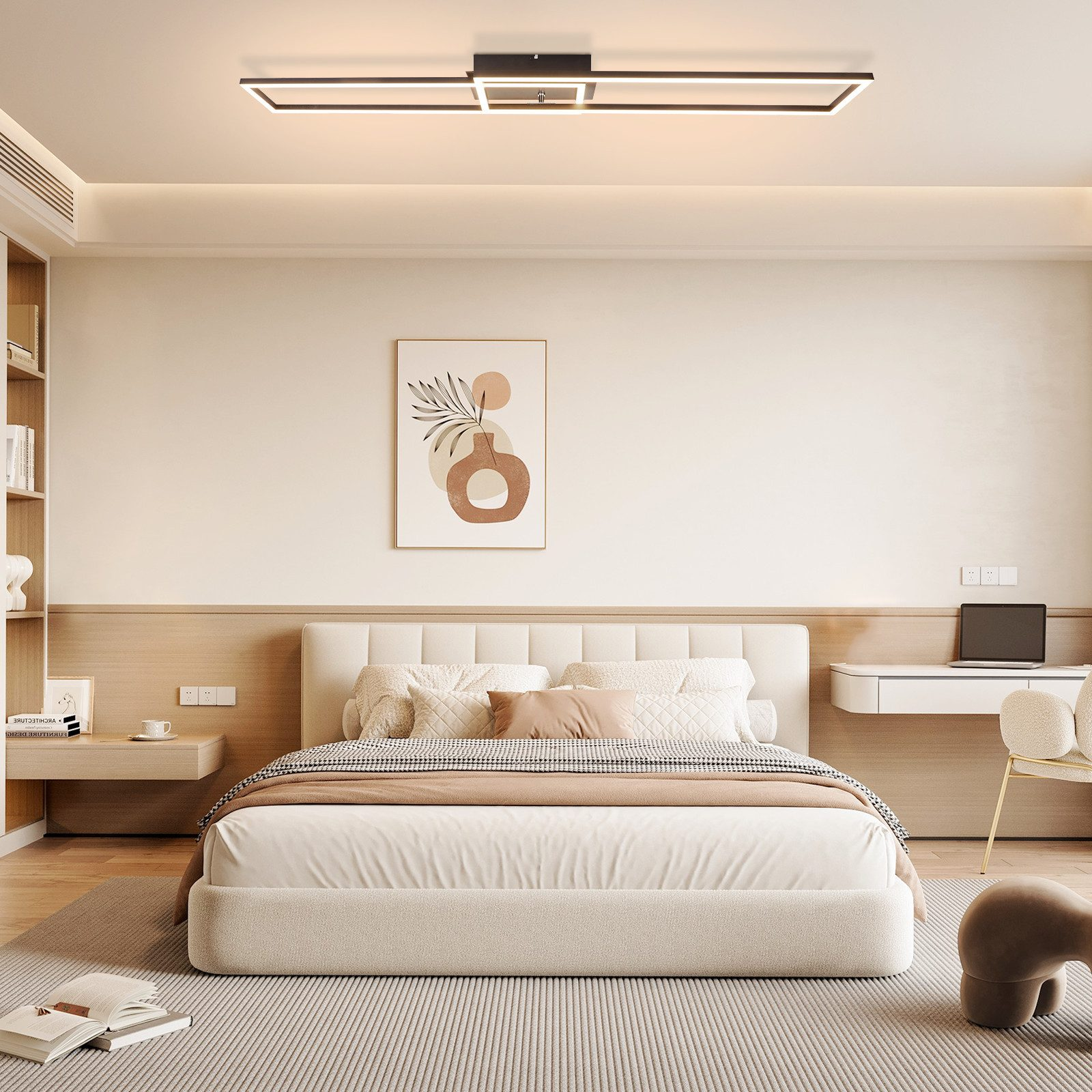 Una scena di camera da letto moderna con un letto, comodini e un lampadario. C'è anche una scrivania e una sedia da lettura.