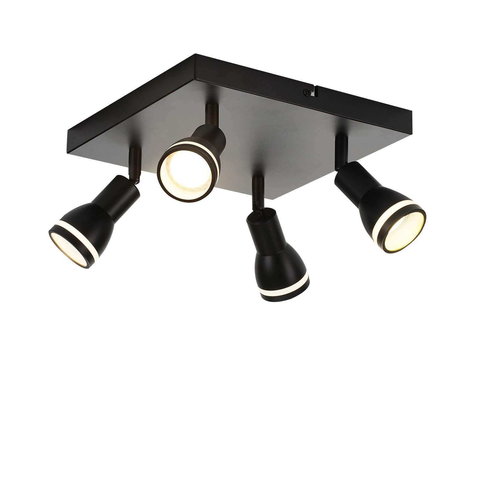 Faretti da soffitto neri con quattro luci regolabili, luce bianca e base quadrata nera.