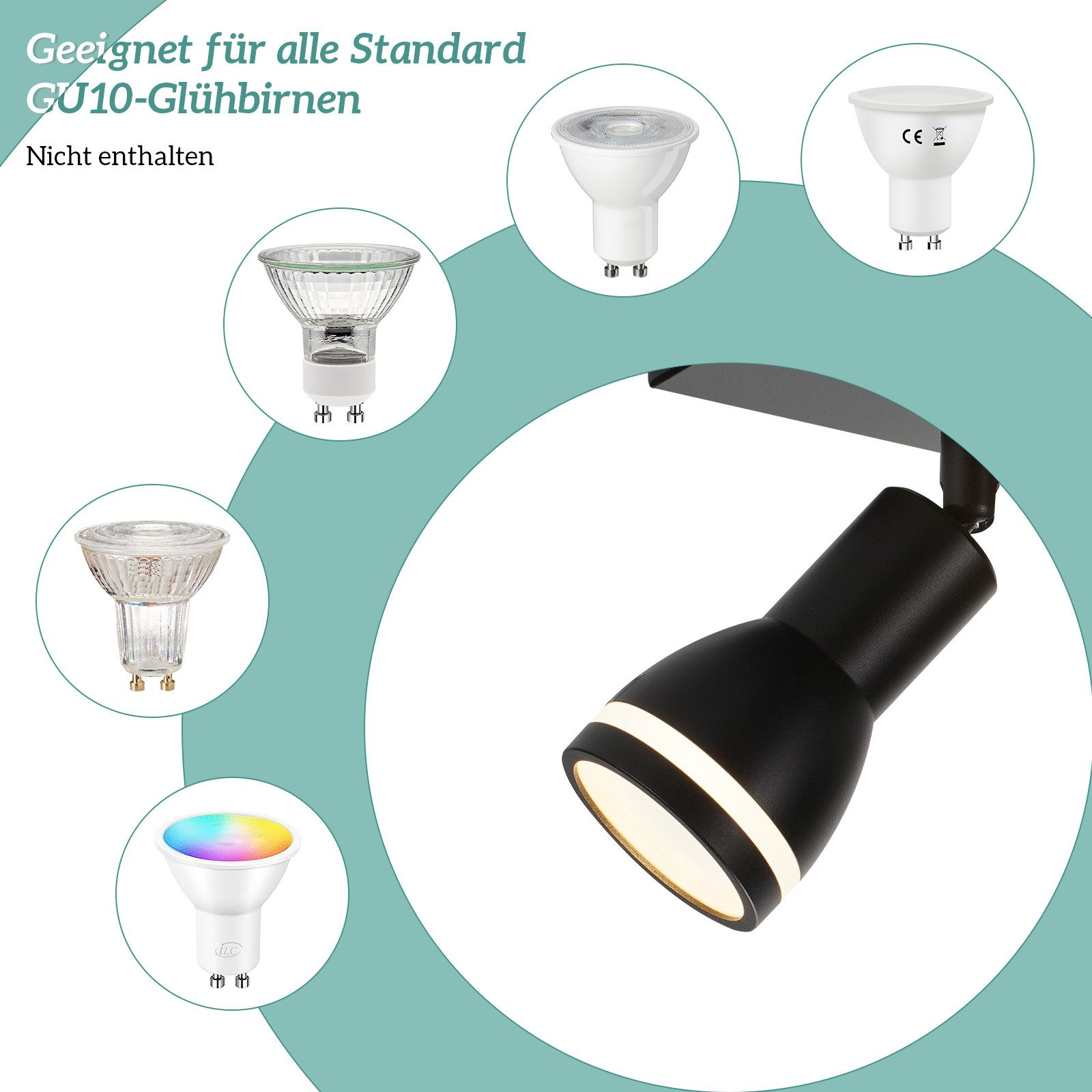 Faretto nero con diverse lampadine GU10. Include luce colorata su sfondo bianco.