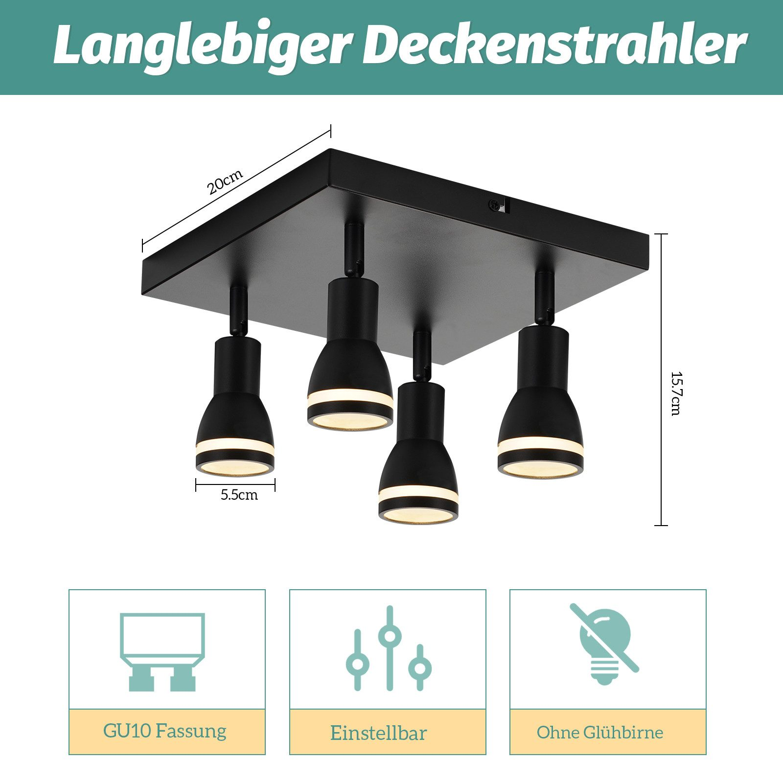 Lampada da soffitto nera con quattro luci regolabili con testo e dimensioni.