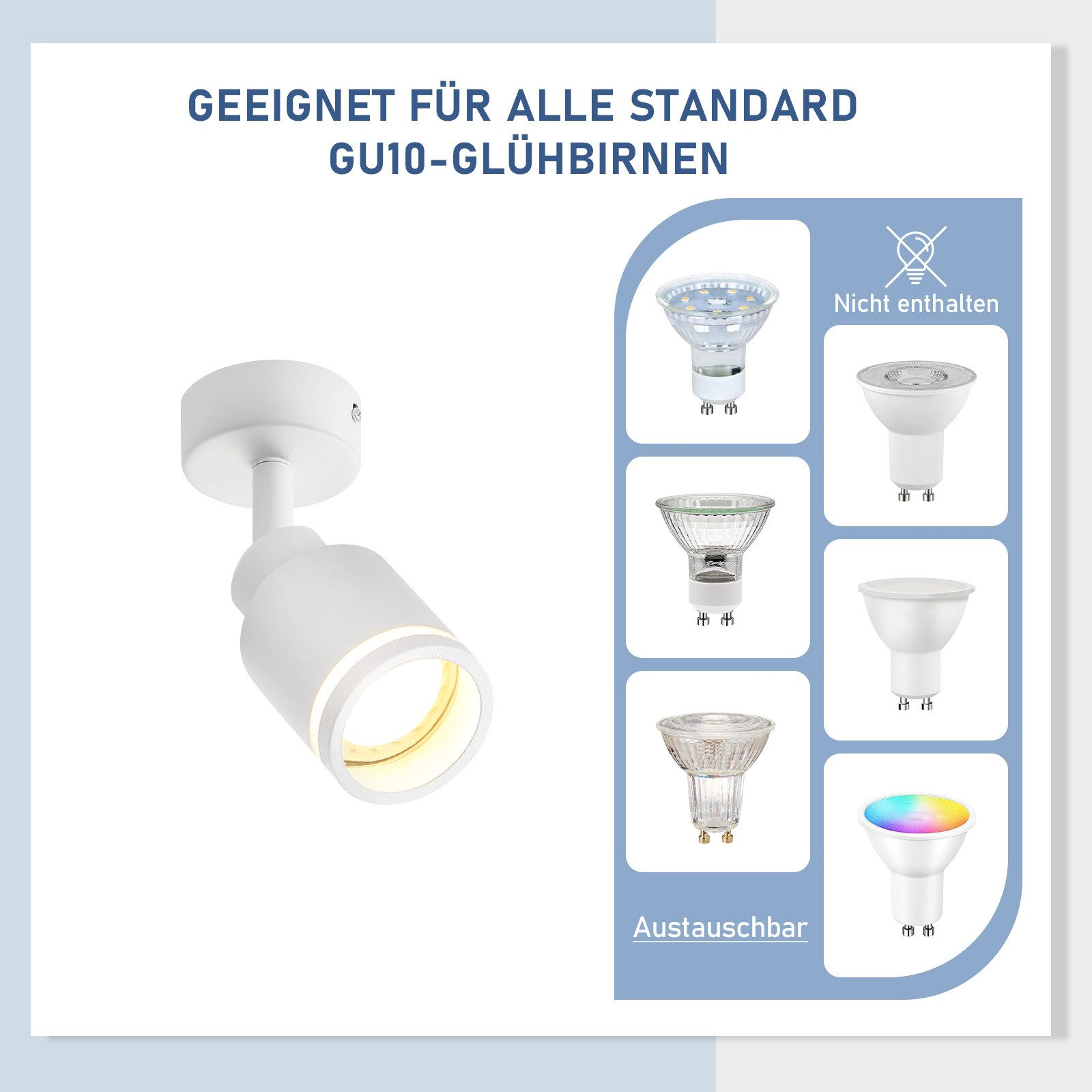 Faretto con lampadine intercambiabili, con testo 'Geeignet für alle GU10-Glühbirnen'.