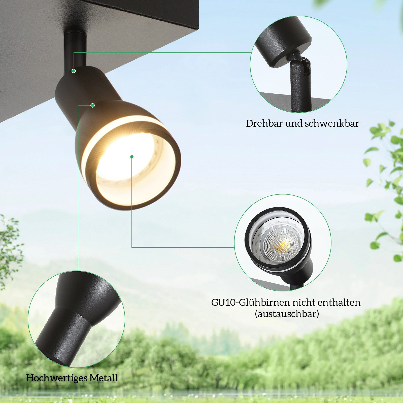 Una lampada da soffitto nera con un faretto regolabile e dettagli della luce.