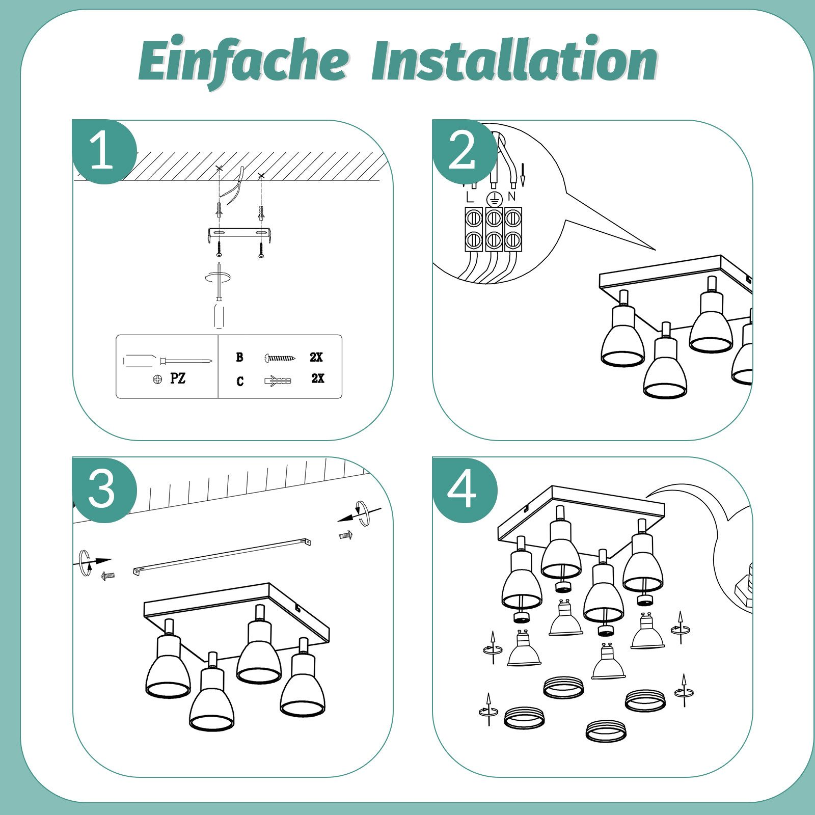 Guida all'installazione per faretti con diagrammi che mostrano i passaggi per la configurazione.