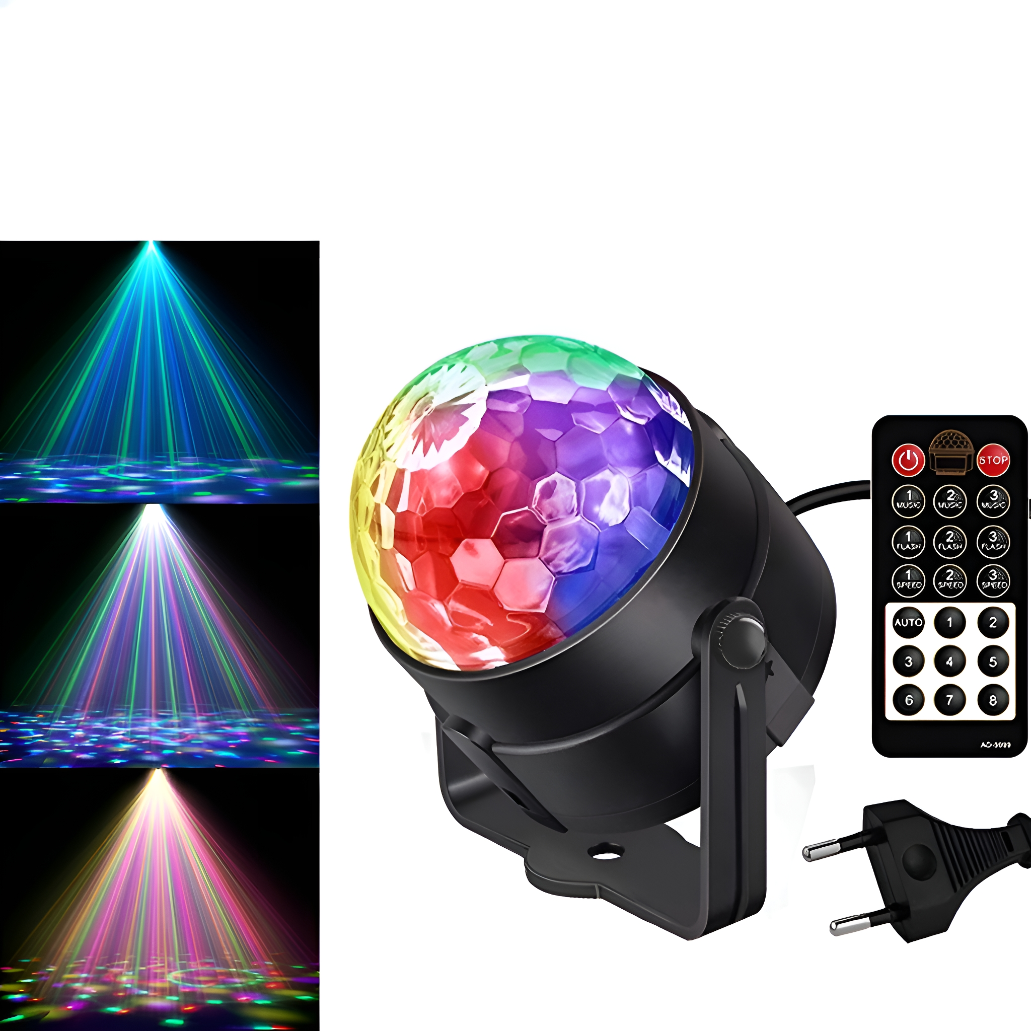 Diskokugel mit farbigen Lichtern und Fernbedienung, mit Netzstecker.