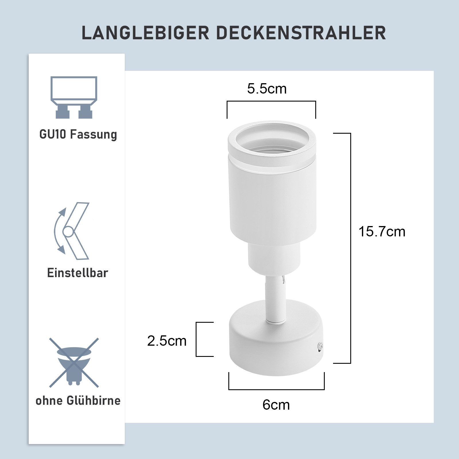 Faretto cilindrico bianco con misure e diagrammi, incluso l'attacco GU10, senza lampadina.