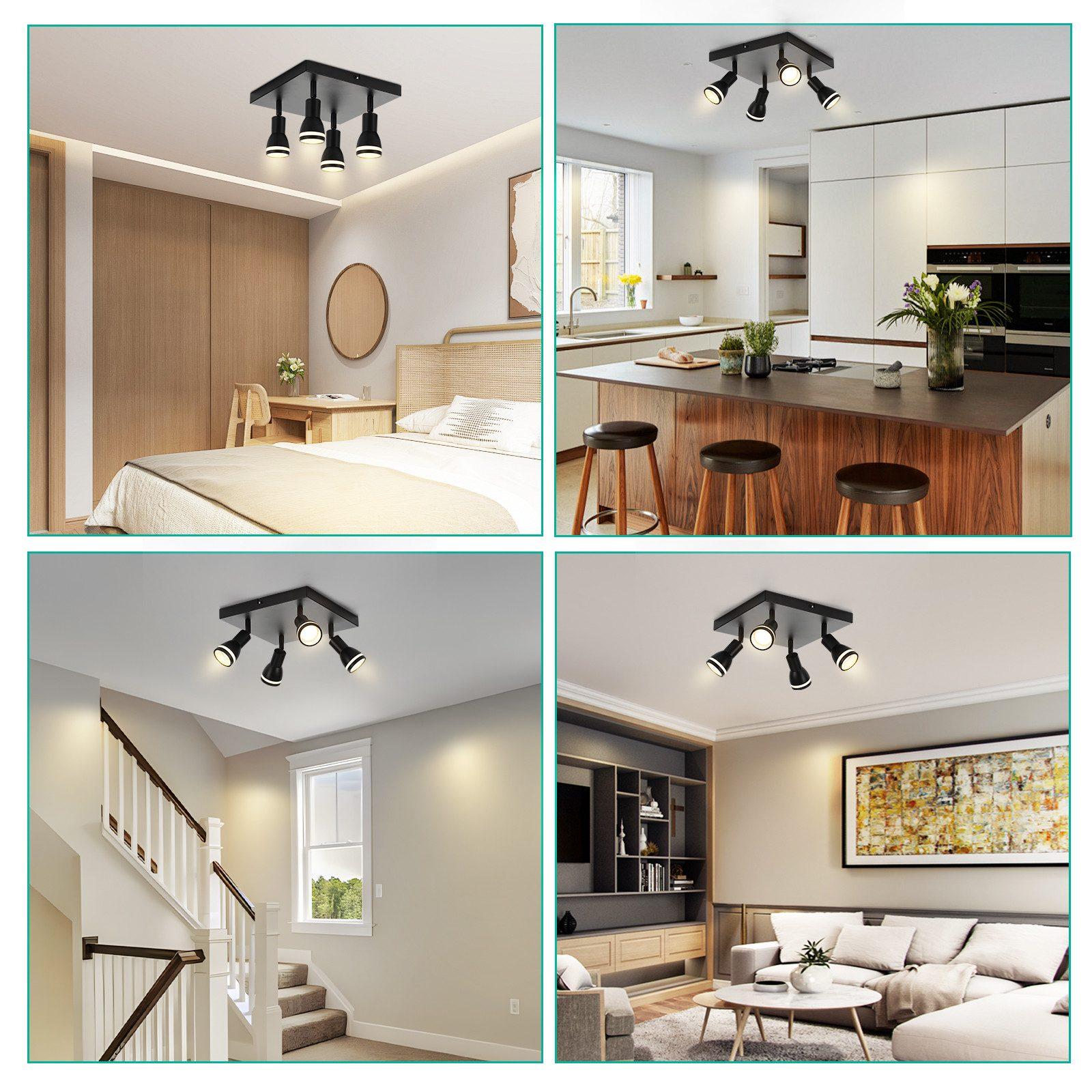 Una serie di quattro immagini che mostrano luci a soffitto nere in stanze diverse. Ognuna con tre luci.