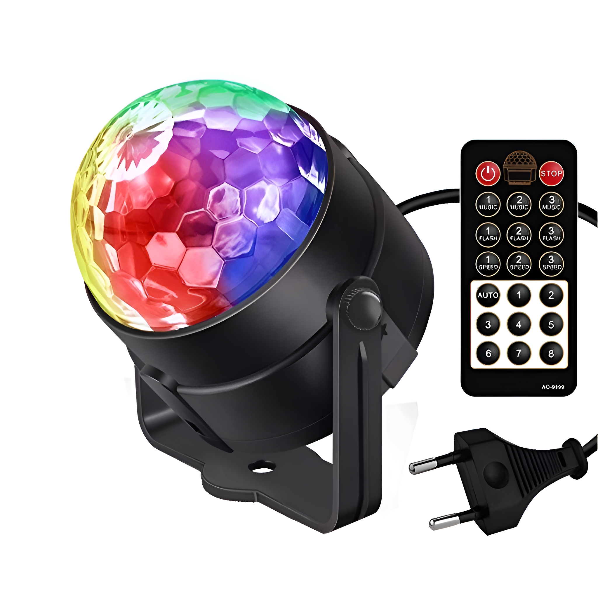 Eine Discokugel-Leuchte mit Fernbedienung und Stecker. Sie ist mehrfarbig, schwarz und rund.
