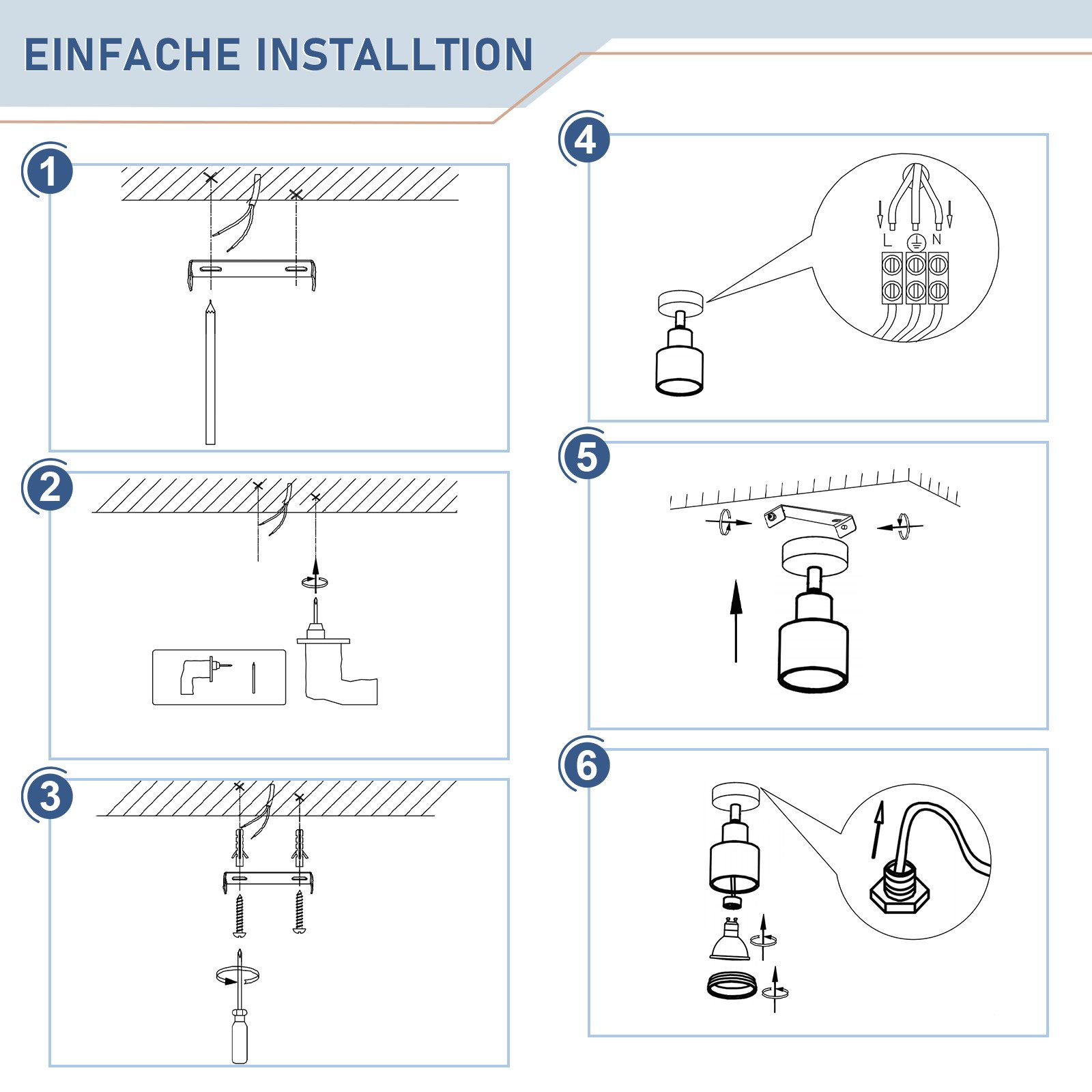 Schema delle fasi di installazione dell'apparecchio: avvitare, collegare i fili, montare a soffitto.