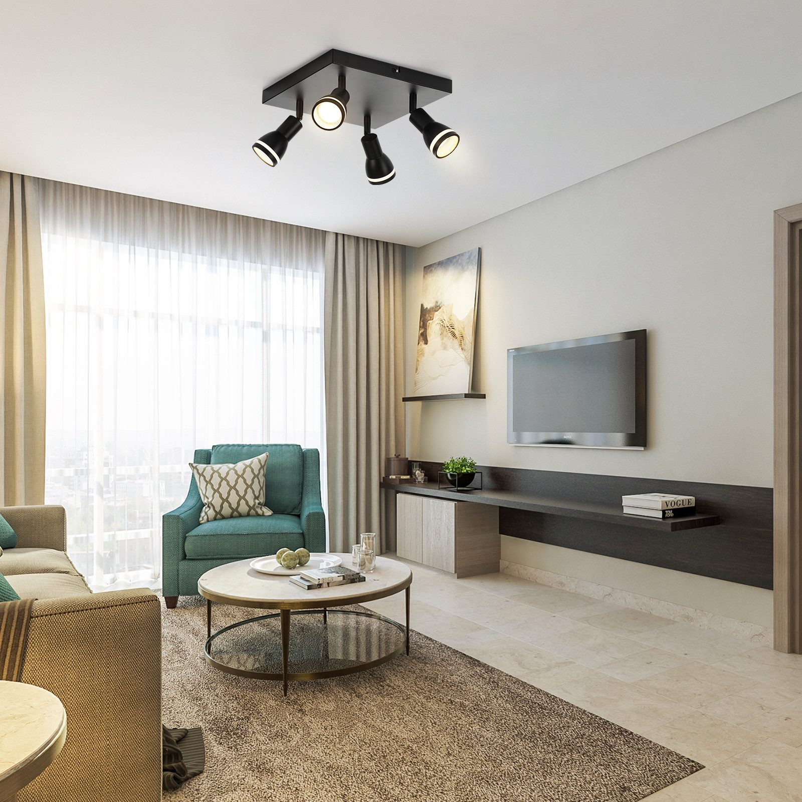Soggiorno con illuminazione a binario a soffitto nera. Include divano, sedia, tavolo, TV e opere d'arte.
