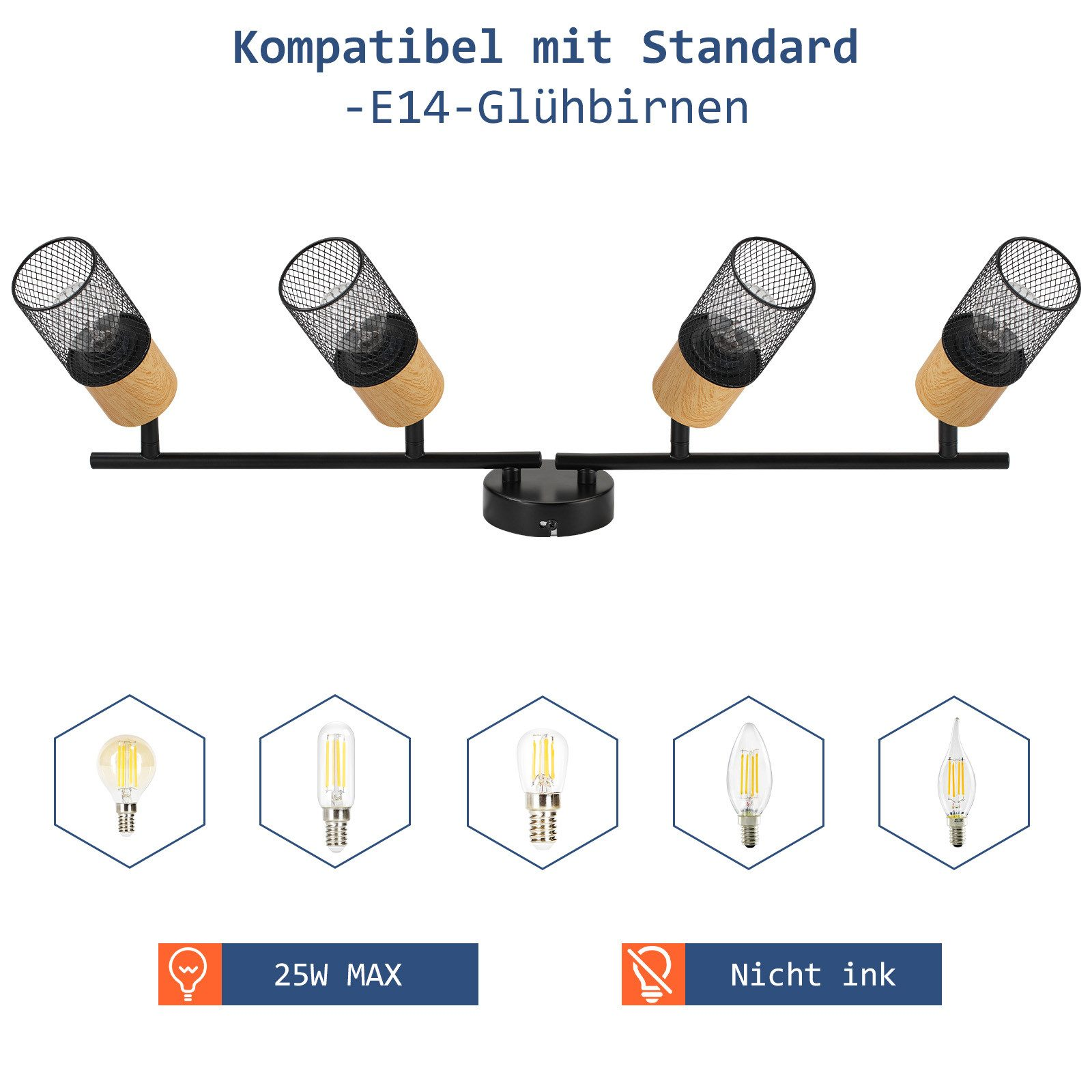Czarna oprawa oświetleniowa z czterema reflektorami i tekstem, z bliska żarówki.