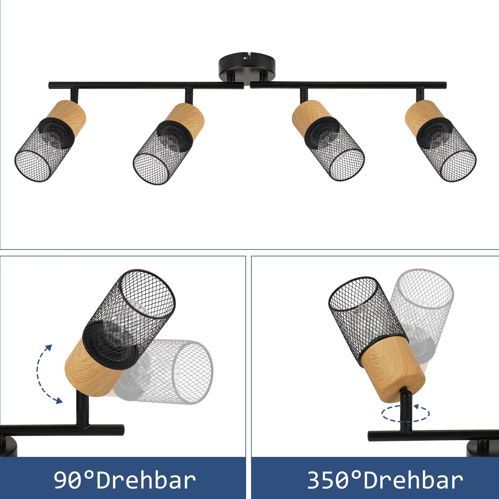 Czarne oświetlenie szynowe z czterema lampami. Pokazuje obrót każdej lampy w dwóch różnych kierunkach.