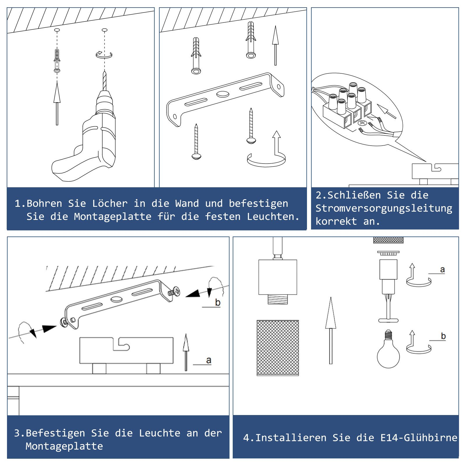 Istruzioni per l'installazione di un apparecchio di illuminazione, con quattro passaggi.