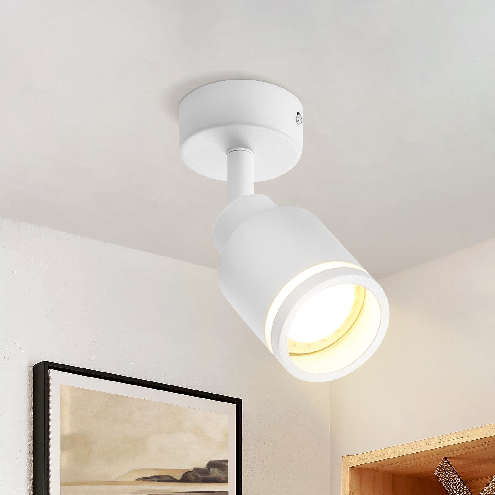 Faretto bianco su un soffitto bianco. La luce è angolata verso il basso, illuminando la stanza. Un dipinto sotto.