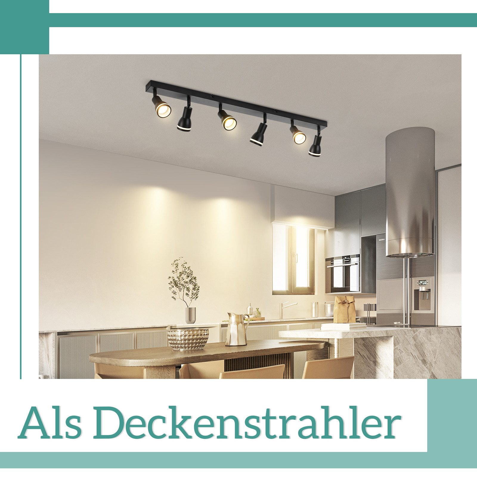 Moderne Küche mit Einbaubeleuchtung. Schwarze Schiene mit Strahlern beleuchtet den Raum.