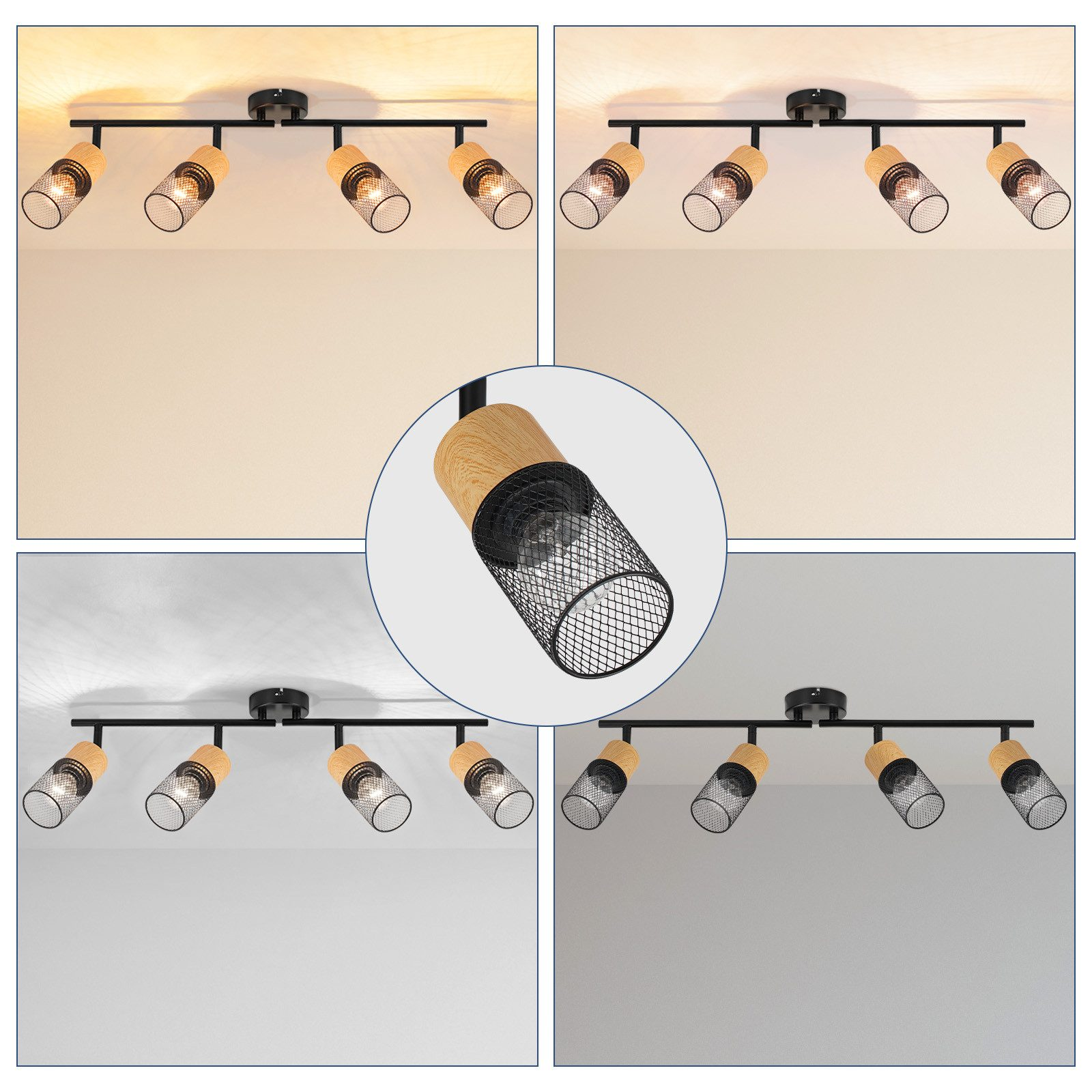 Cztery lampy sufitowe z różnymi ustawieniami światła, zbliżenie klosza z siatki drucianej.