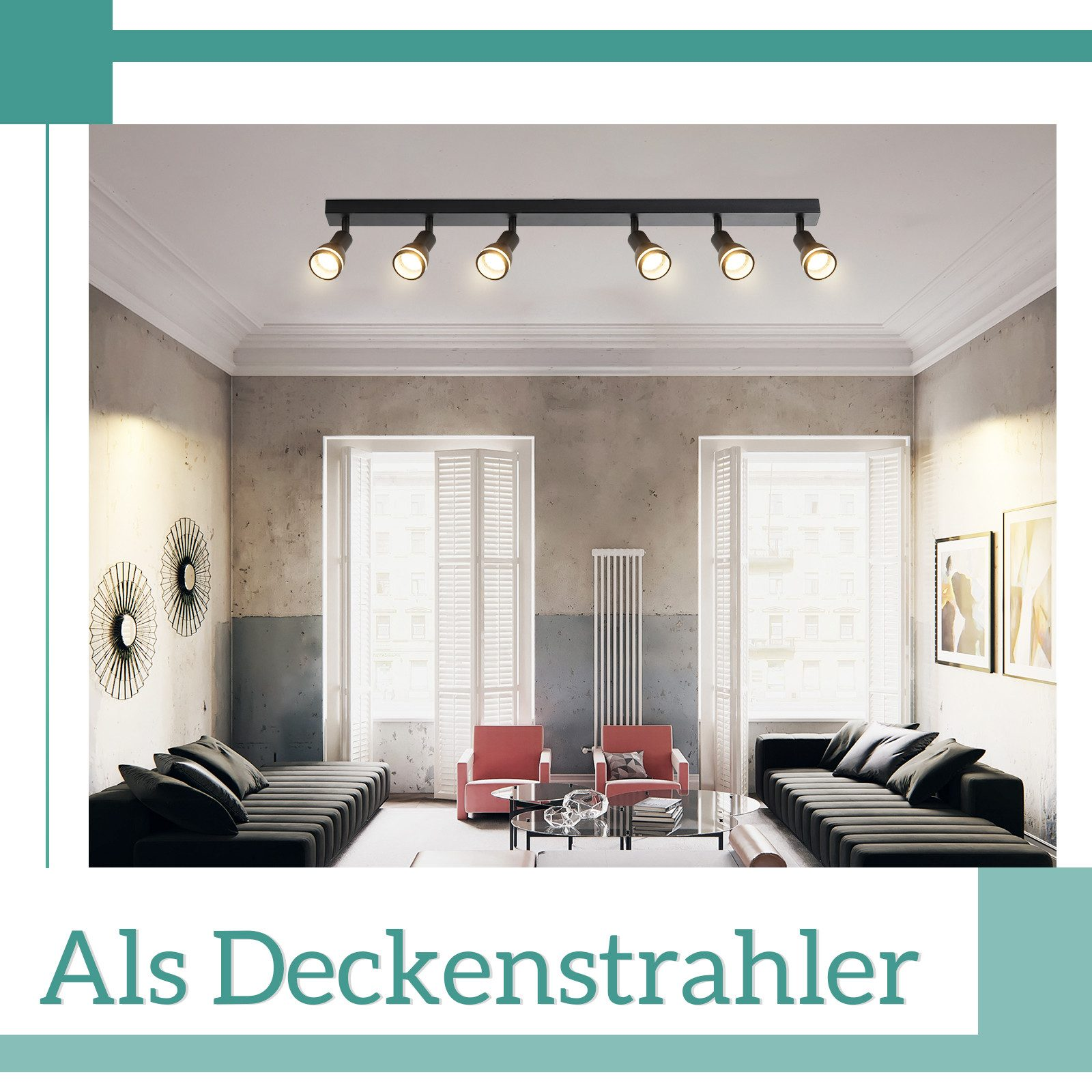 Un soggiorno con un faretto a soffitto, un divano e una parete. Il testo 'Als Deckenstrahler' appare sotto.