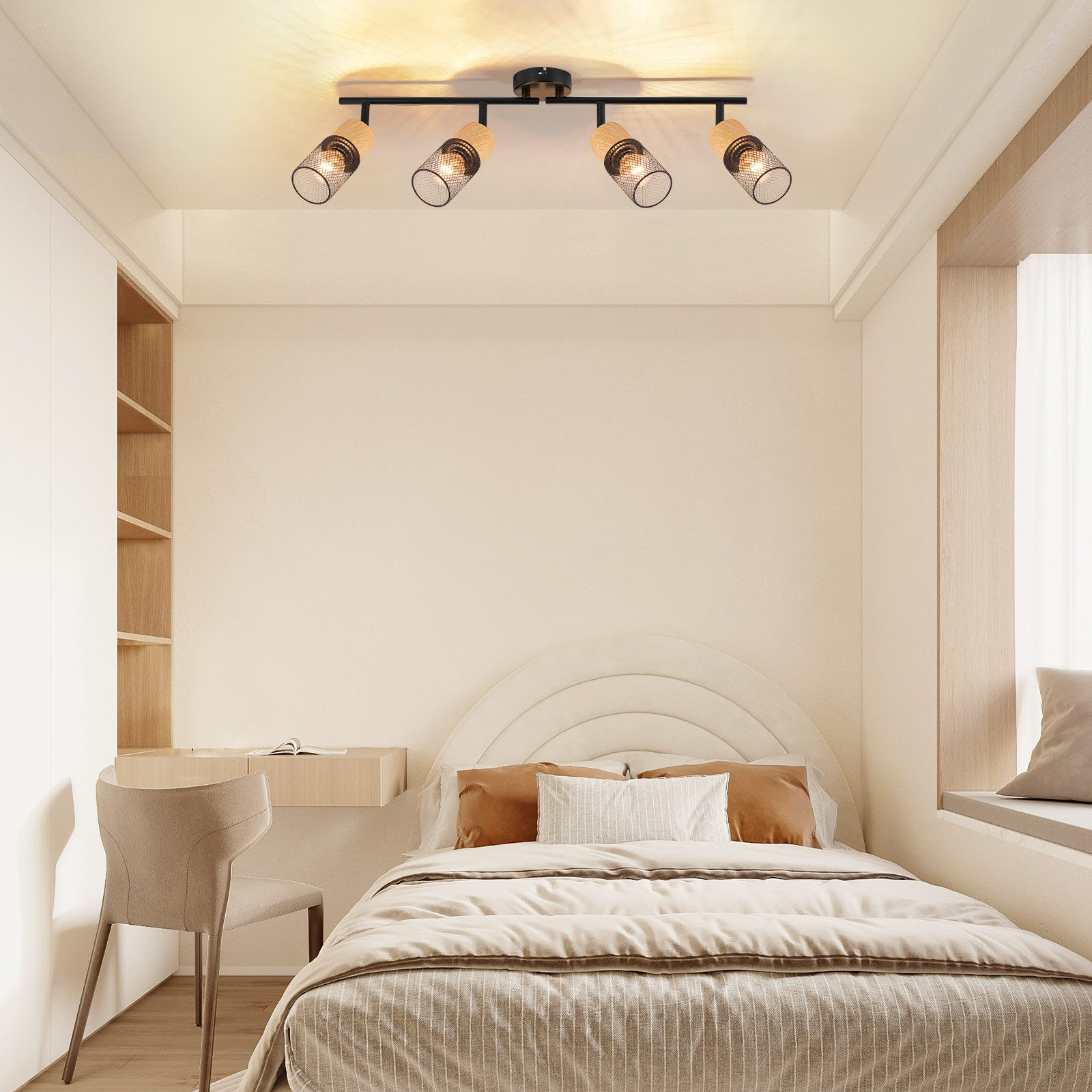 Scena sypialni z łóżkiem, szafką nocną i lampą sufitową z czterema reflektorami. Światła są czarne i srebrne.