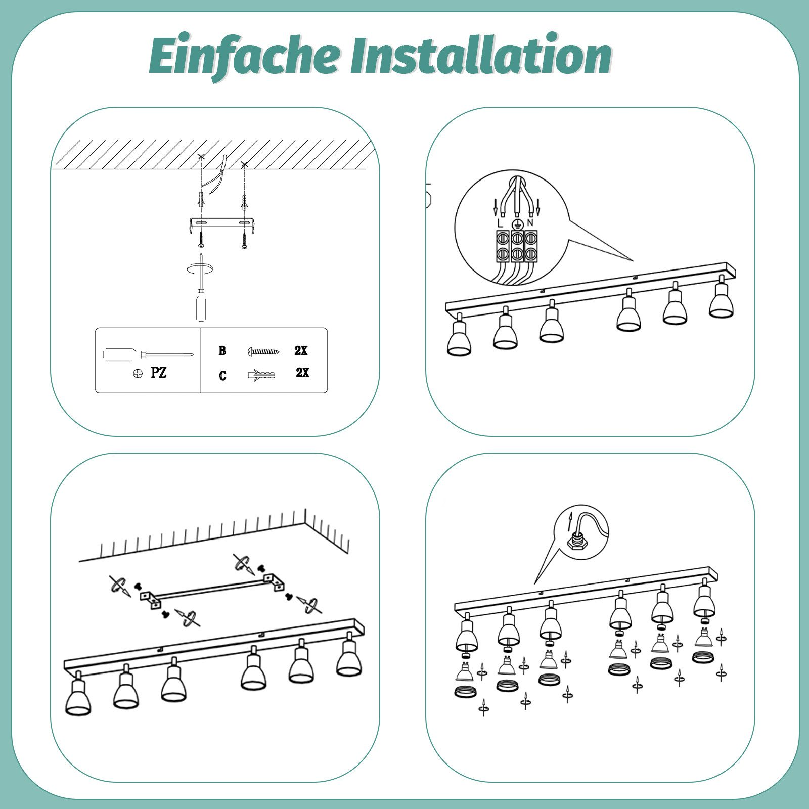 Guida all'installazione in quattro fasi per una lampada. Include immagini di viti, fili e della lampada stessa.