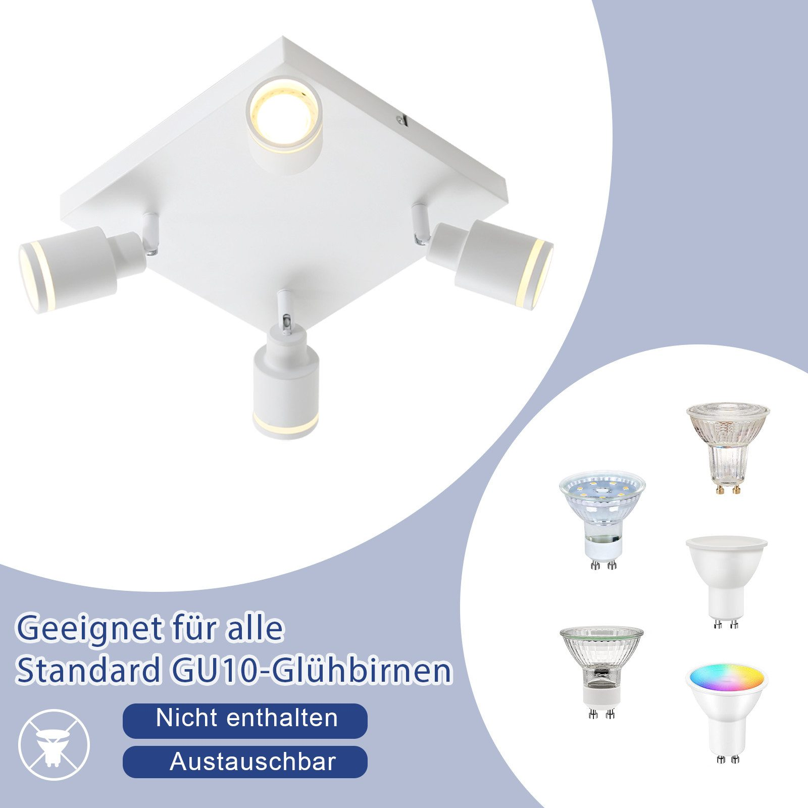 Un apparecchio di illuminazione a soffitto bianco con quattro lampadine GU10 e lampadine aggiuntive.