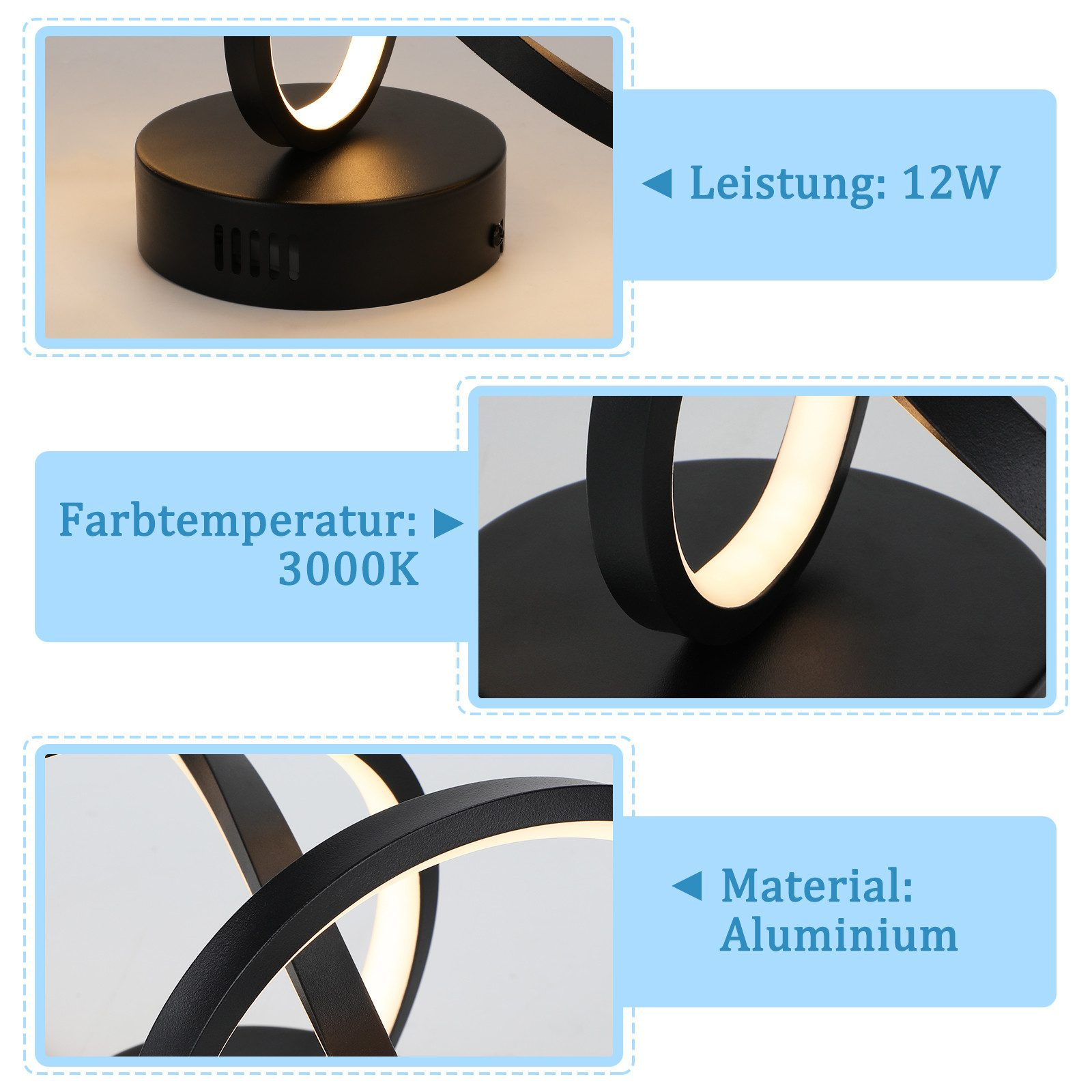 Lampada LED nera con dettagli: potenza 12W, temperatura colore 3000K, alluminio.