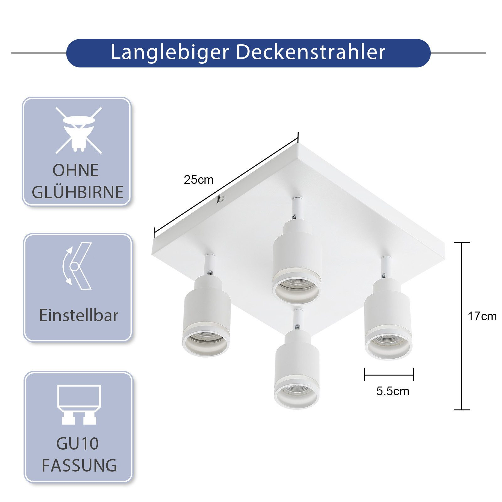 Lampada da soffitto bianca con quattro faretti orientabili. Dimensioni 25x17x5,5 cm. Informazioni sul prodotto a sinistra.