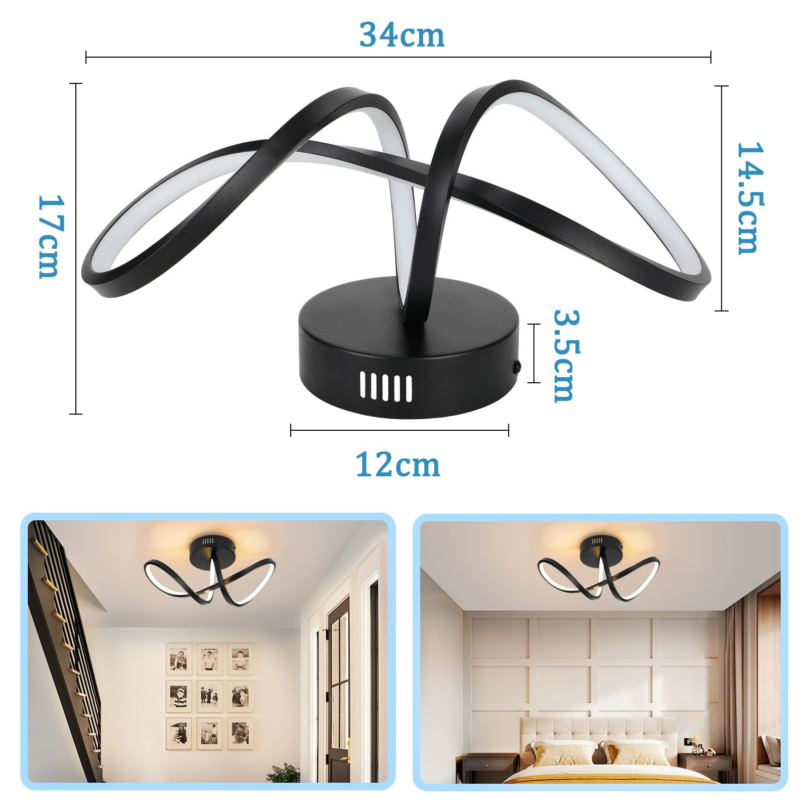 Apparecchio di illuminazione a soffitto, nero, con dimensioni e due viste di installazione della luce.